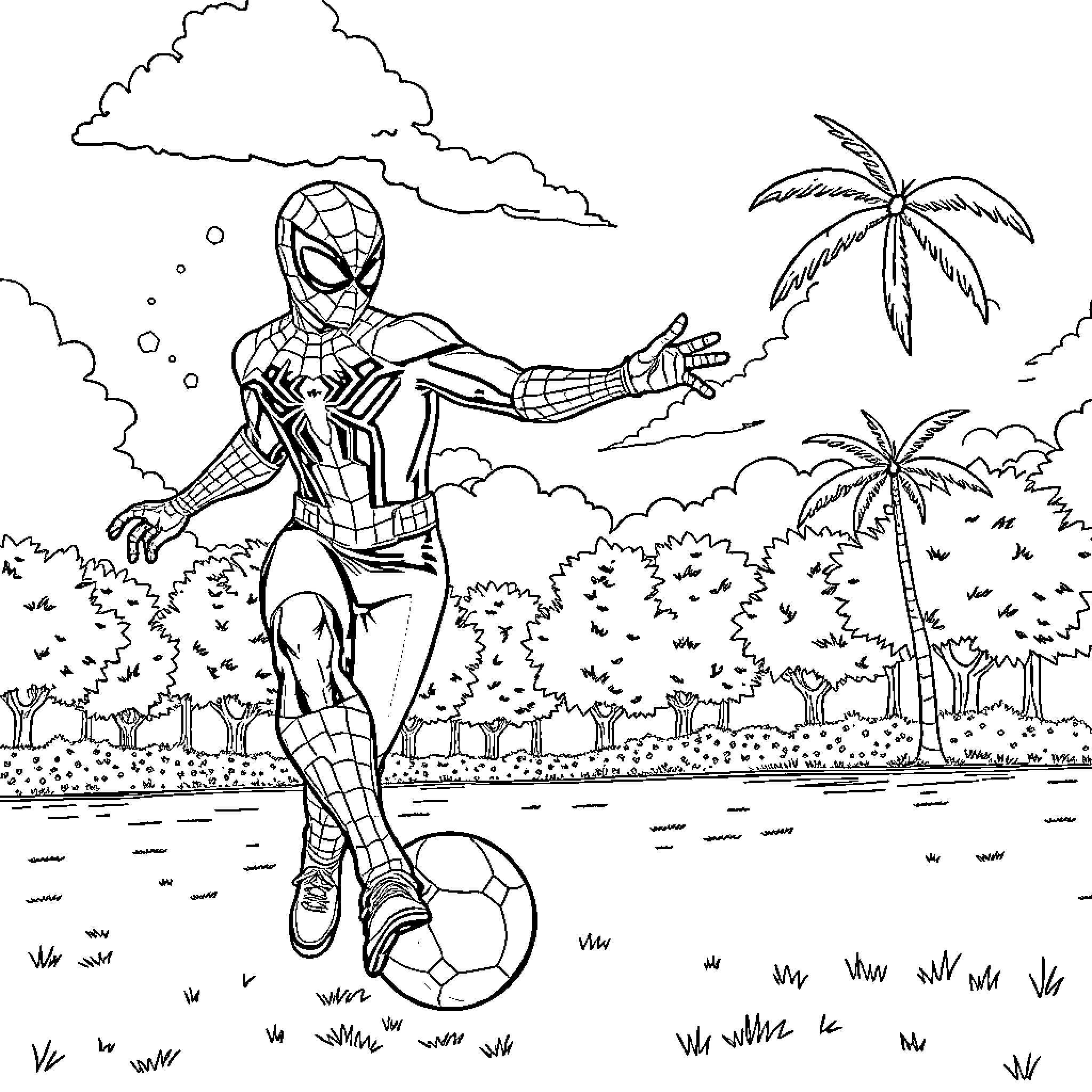 Homem-Aranha playing soccer in a tropical scene Coloring Page (free black-and-white line drawing printable PDF for all, from beginners to advanced learners, including children, teens, adults, and seniors)
