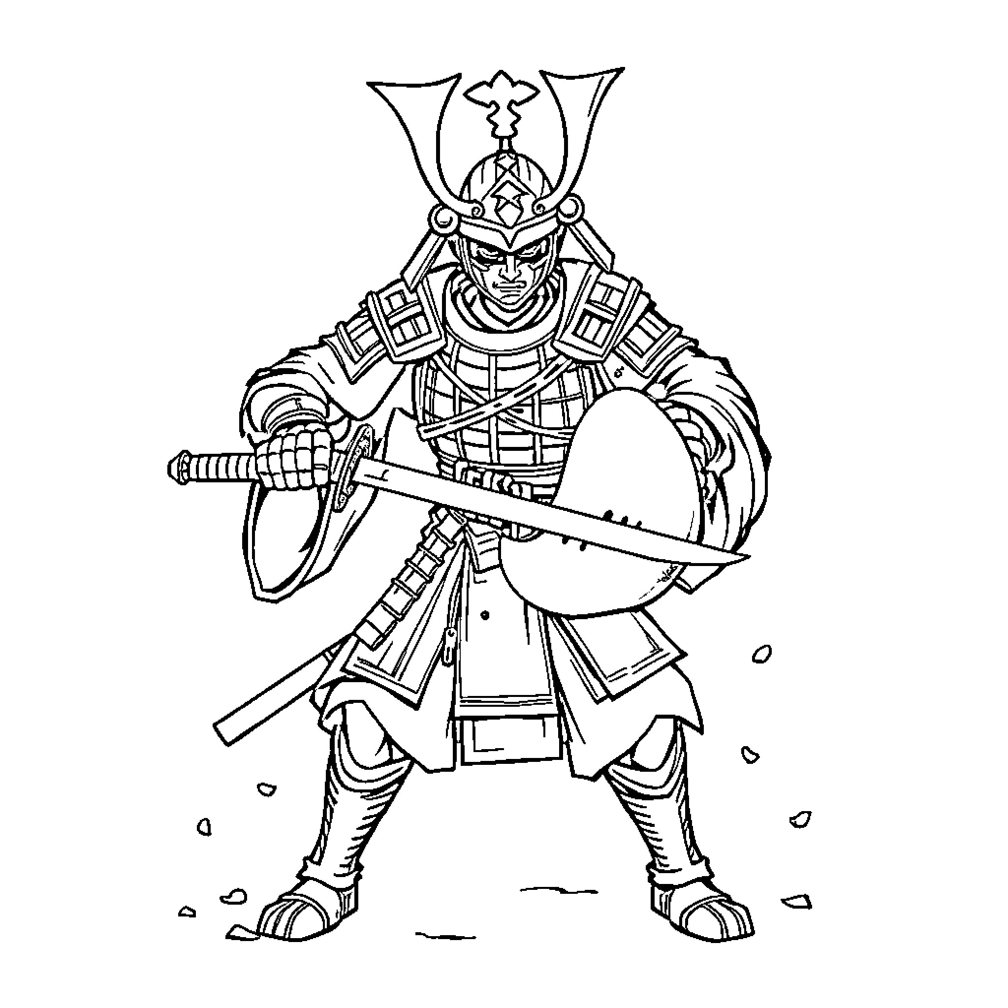 Samurai warrior in battle-ready stance Coloring Page (free black-and-white line drawing printable PDF for all, from beginners to advanced learners, including children, teens, adults, and seniors)