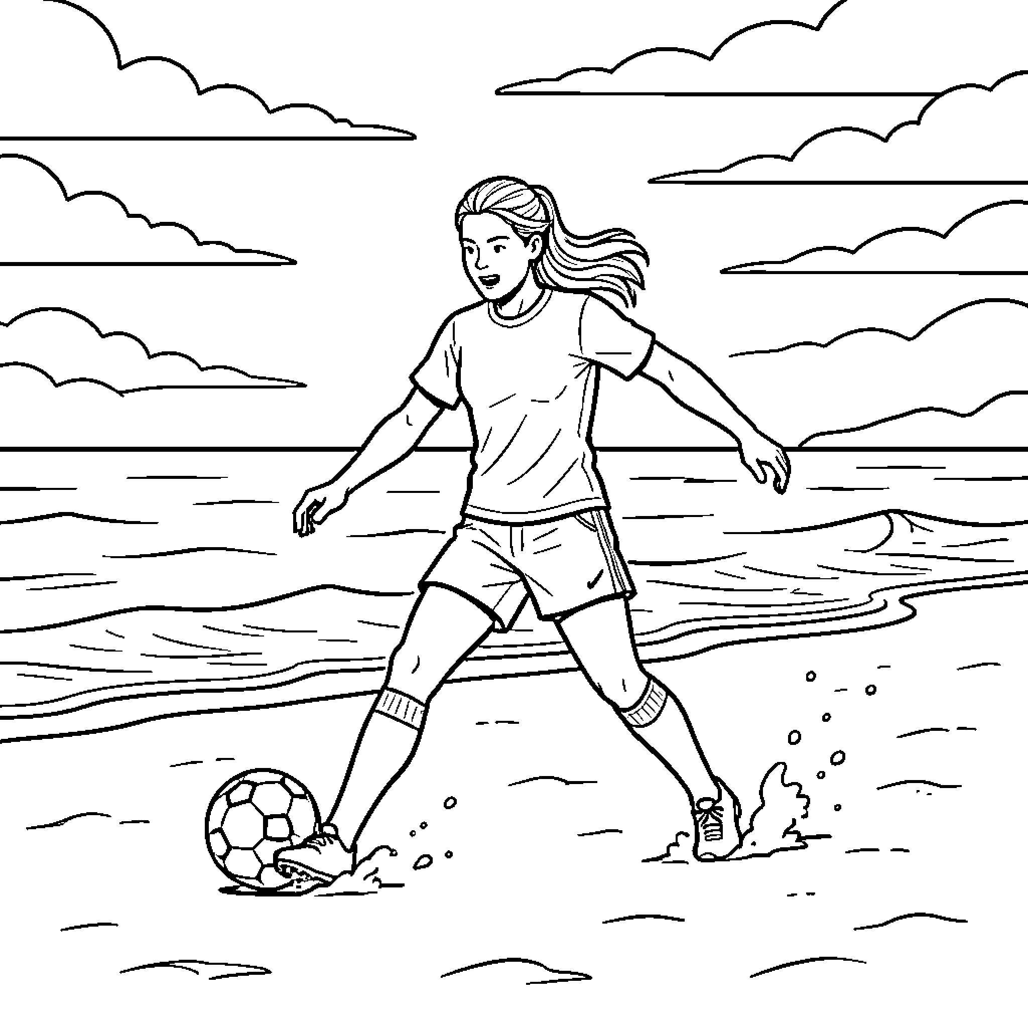 Footballeuse playing soccer on a sunny beach Coloring Page (free black-and-white line drawing printable PDF for all, from beginners to advanced learners, including children, teens, adults, and seniors)