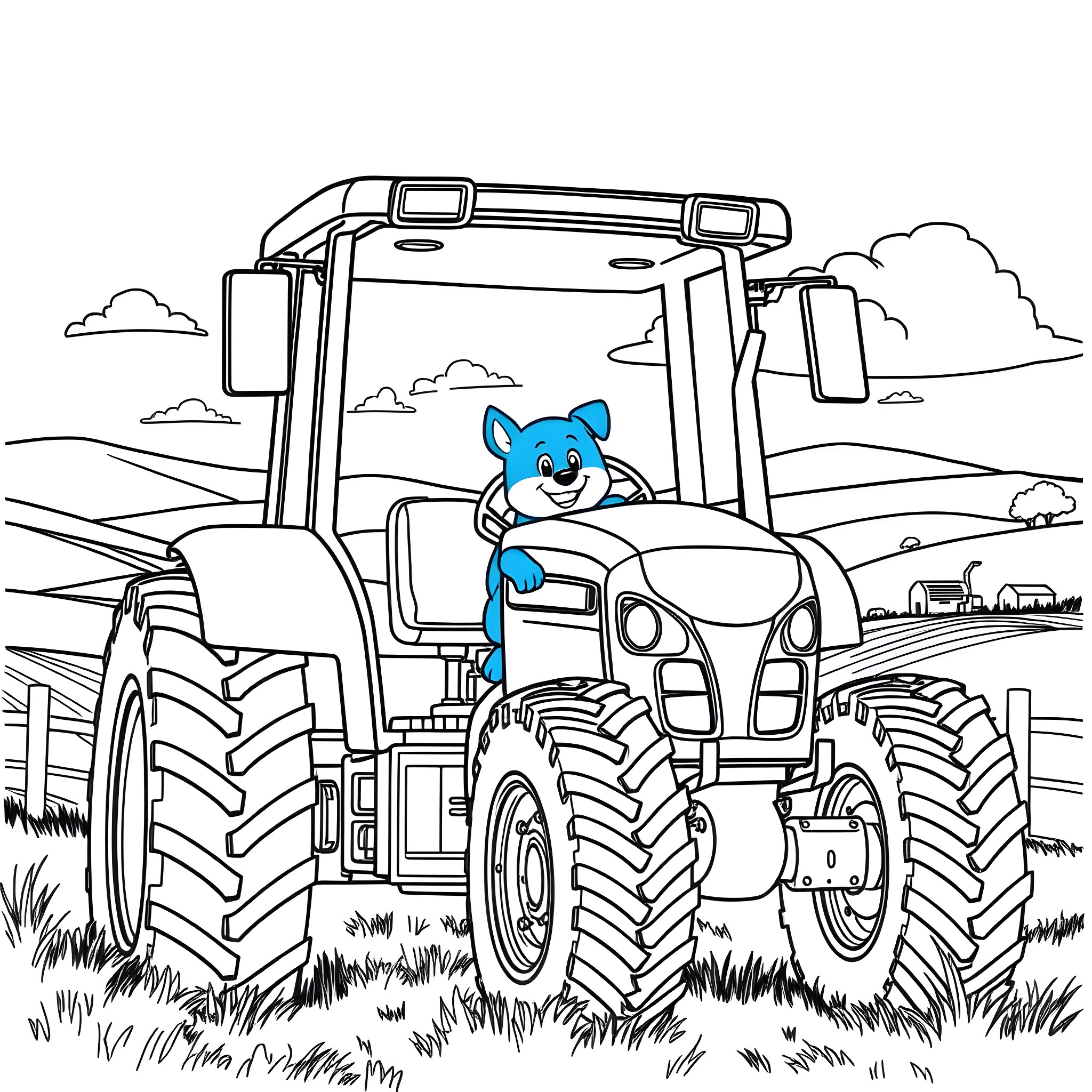 Bluey riding a tractor in the countryside Coloring Page (free black-and-white line drawing printable PDF for all, from beginners to advanced learners, including children, teens, adults, and seniors)