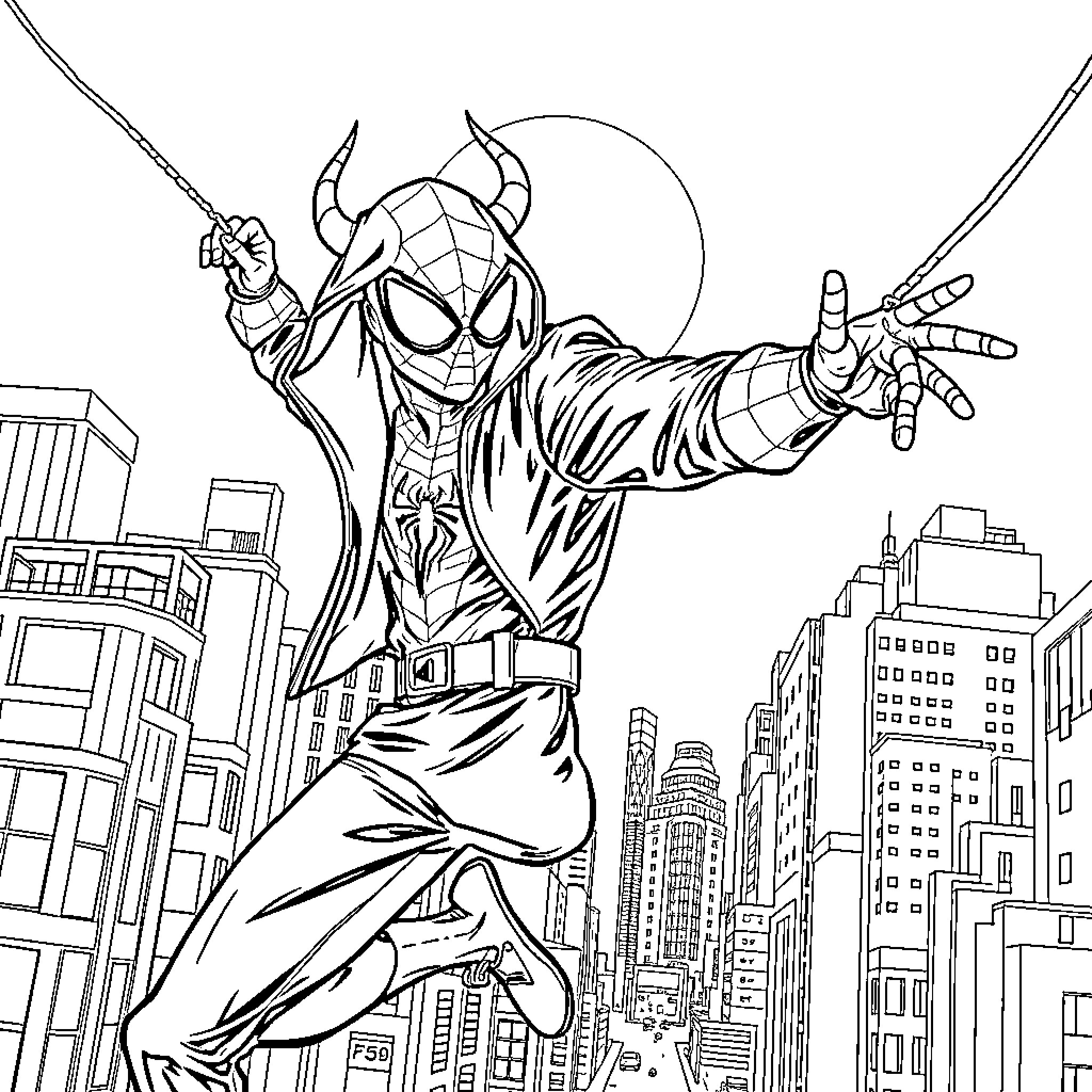 Demon Hunter battling in the city skyline Coloring Page (free black-and-white line drawing printable PDF for all, from beginners to advanced learners, including children, teens, adults, and seniors)