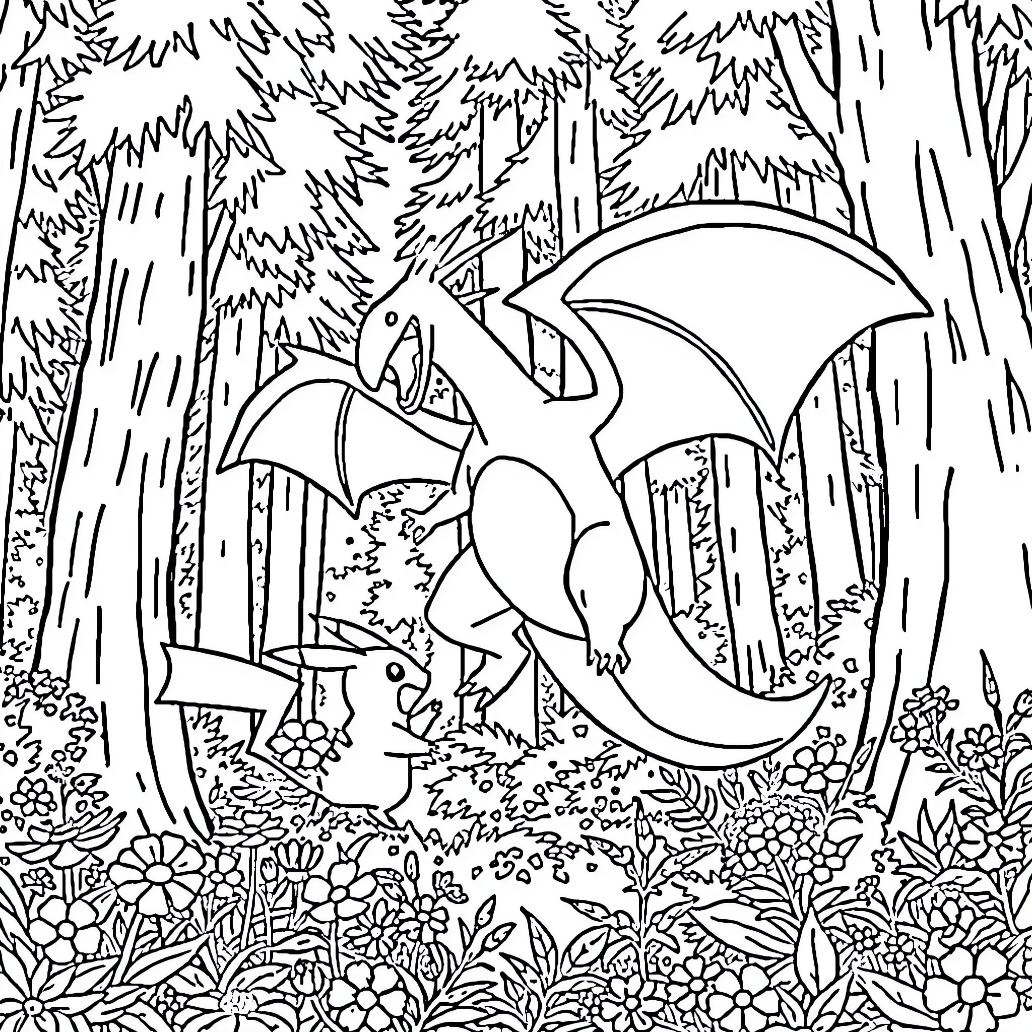 Charizard exploring the enchanted forest Coloring Page (free black-and-white line drawing printable PDF for all, from beginners to advanced learners, including children, teens, adults, and seniors)