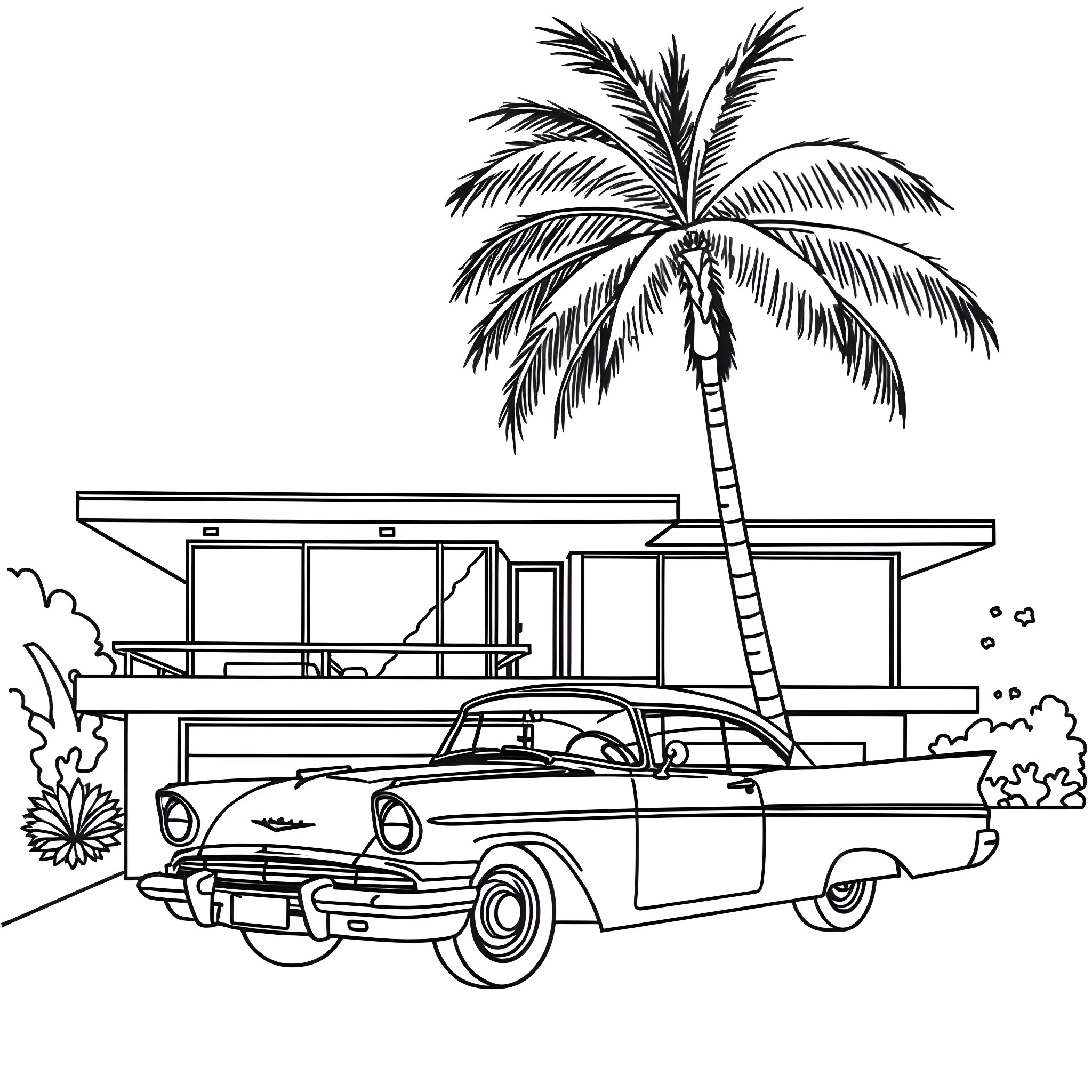 House with classic car and palm tree Coloring Page (free black-and-white line drawing printable PDF for all, from beginners to advanced learners, including children, teens, adults, and seniors)