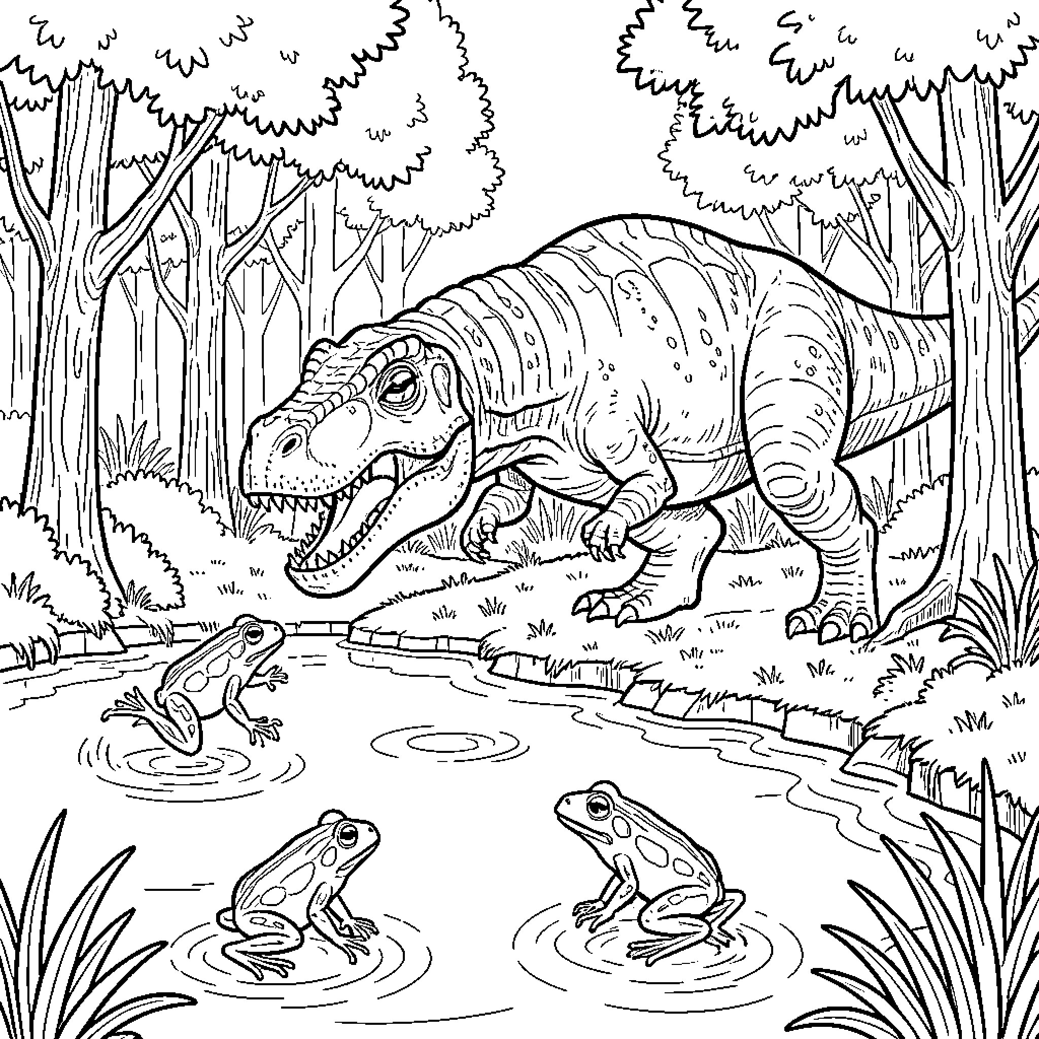 Dinosaur looking curiously at frogs in a pond Coloring Page (free black-and-white line drawing printable PDF for all, from beginners to advanced learners, including children, teens, adults, and seniors)