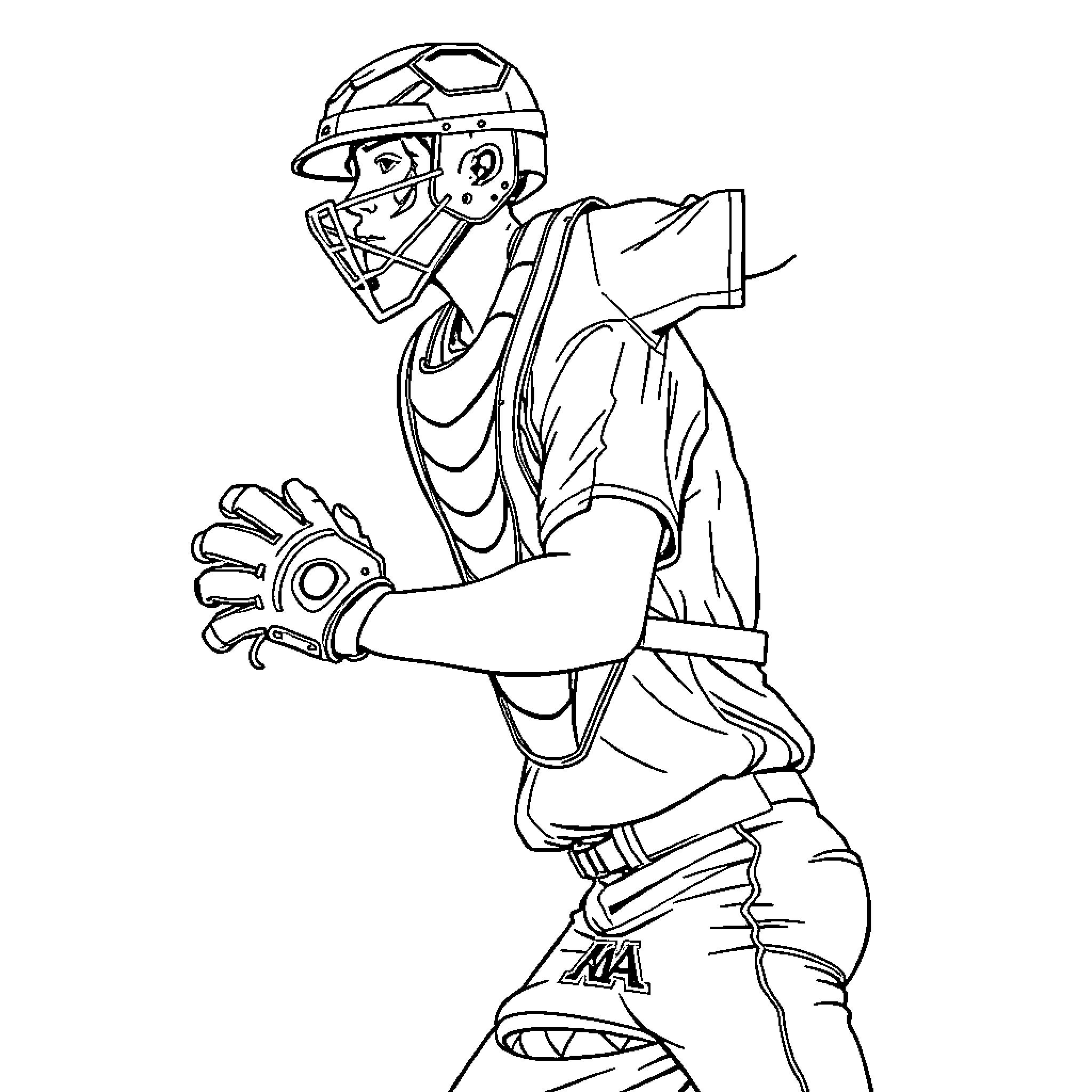 Baseball Catcher Preparing to Catch the Ball Coloring Page (free black-and-white line drawing printable PDF for all, from beginners to advanced learners, including children, teens, adults, and seniors)