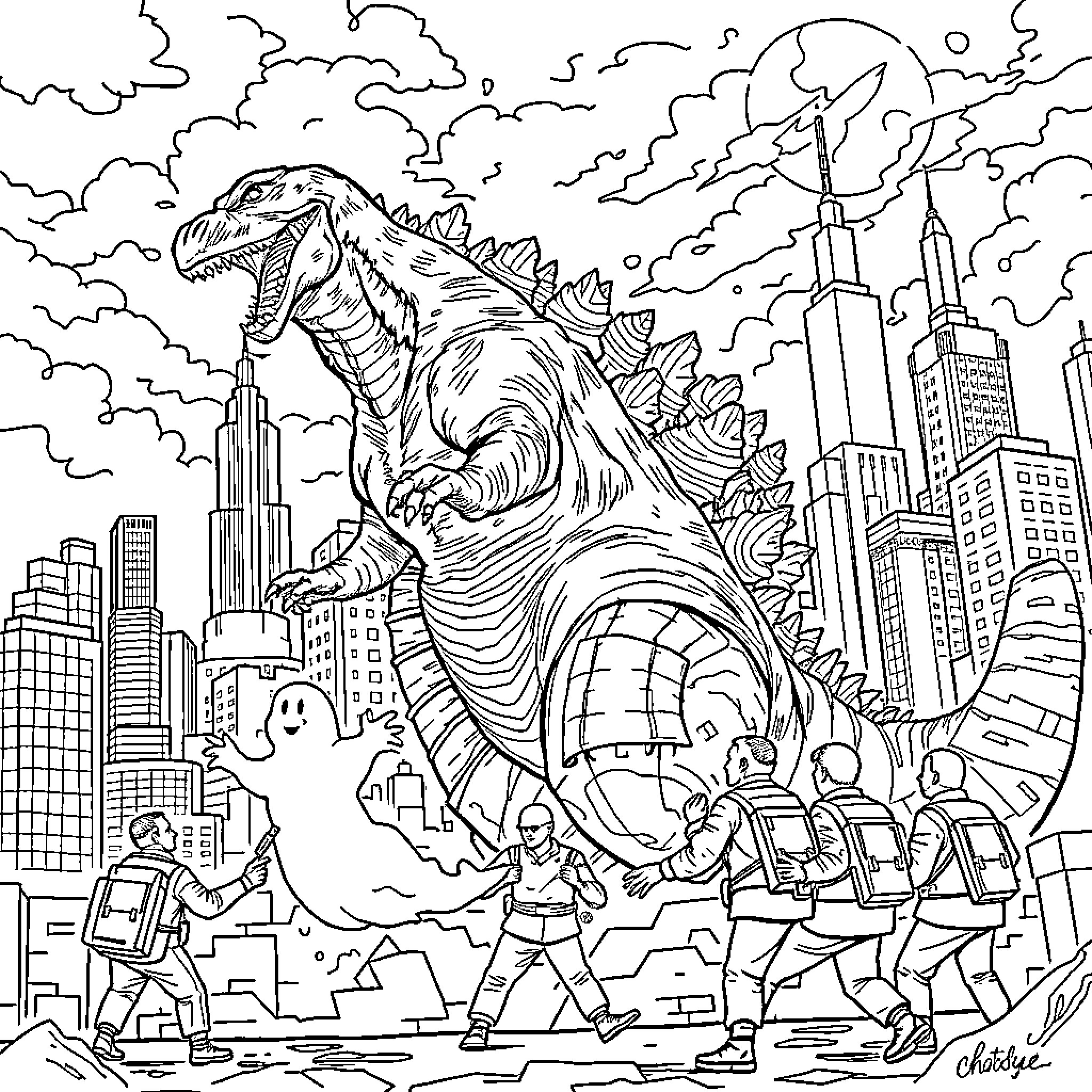 Godzilla rampaging through a city skyline Coloring Page (free black-and-white line drawing printable PDF for all, from beginners to advanced learners, including children, teens, adults, and seniors)