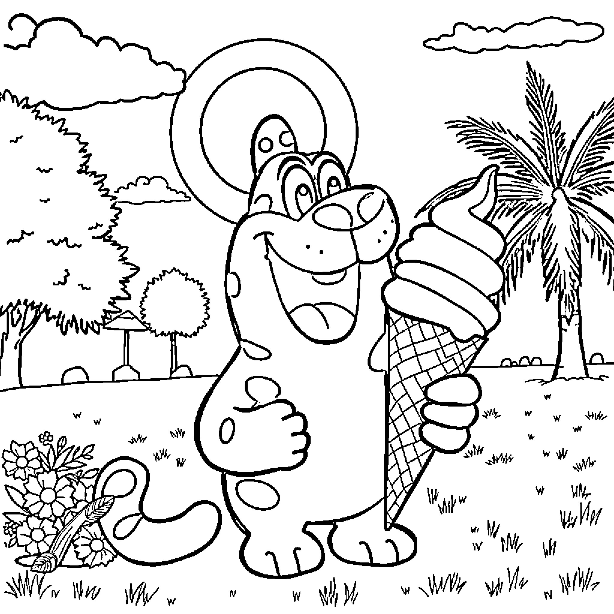 Booba enjoying a sweet ice cream in a tropical park Coloring Page (free black-and-white line drawing printable PDF for all, from beginners to advanced learners, including children, teens, adults, and seniors)