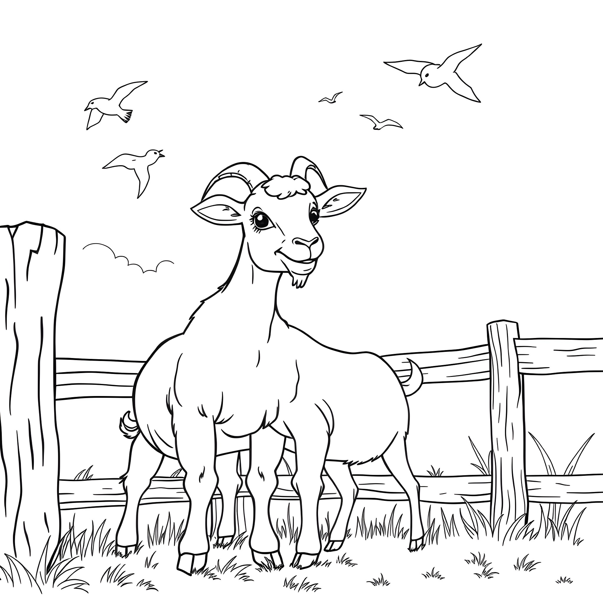 Goat standing in a rural field with birds flying overhead Coloring Page (free black-and-white line drawing printable PDF for all, from beginners to advanced learners, including children, teens, adults, and seniors)