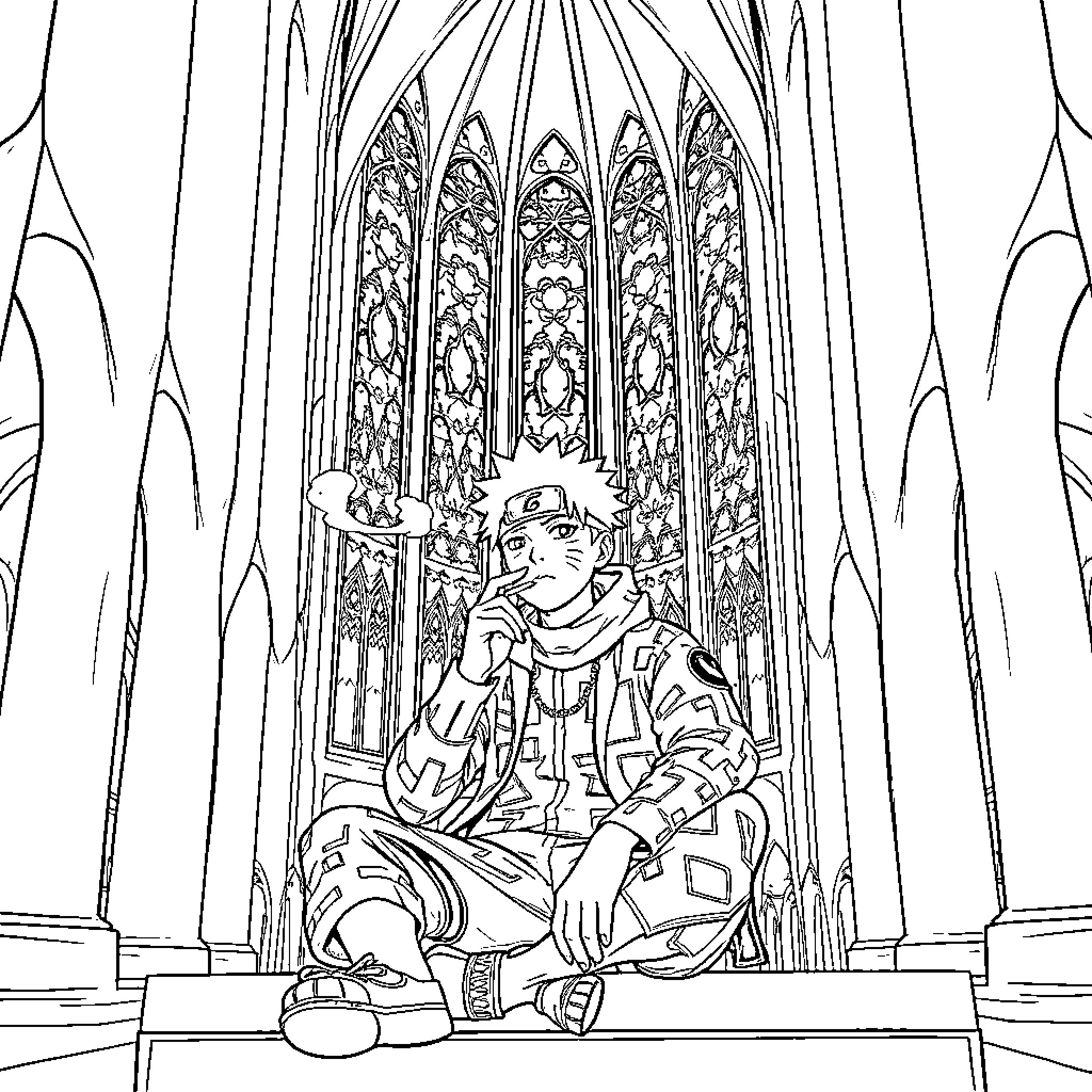 Naruto contemplating in a grand cathedral Coloring Page (free black-and-white line drawing printable PDF for all, from beginners to advanced learners, including children, teens, adults, and seniors)