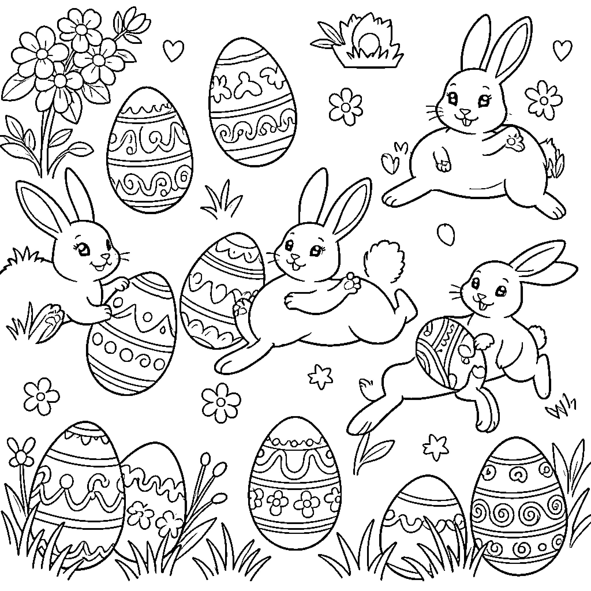 Easter Bunnies and Decorated Eggs Celebration Coloring Page (free black-and-white line drawing printable PDF for all, from beginners to advanced learners, including children, teens, adults, and seniors)