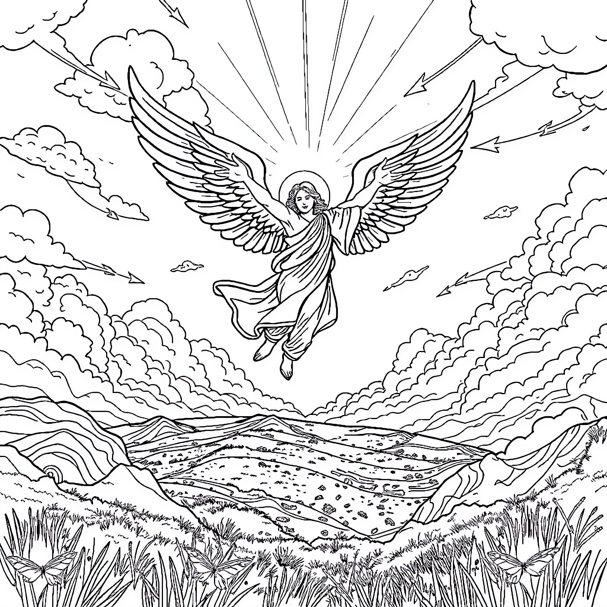 Angel of Light Ascending in Radiant Glory Coloring Page (free black-and-white line drawing printable PDF for all, from beginners to advanced learners, including children, teens, adults, and seniors)