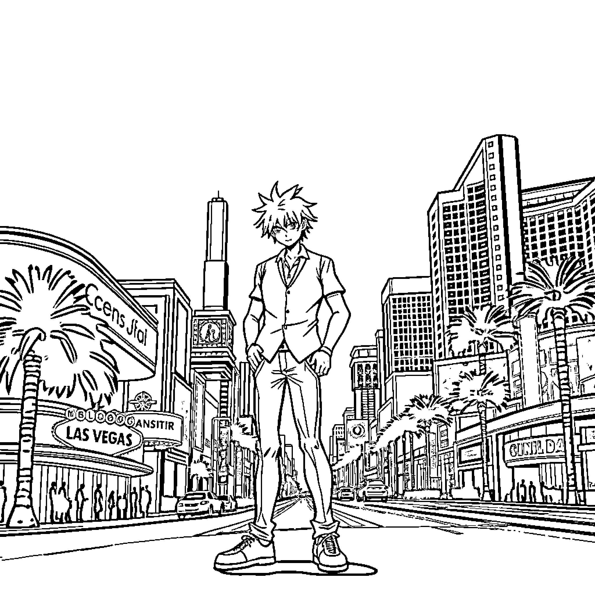 Ichigo in Vibrant City Landscape Coloring Page (free black-and-white line drawing printable PDF for all, from beginners to advanced learners, including children, teens, adults, and seniors)