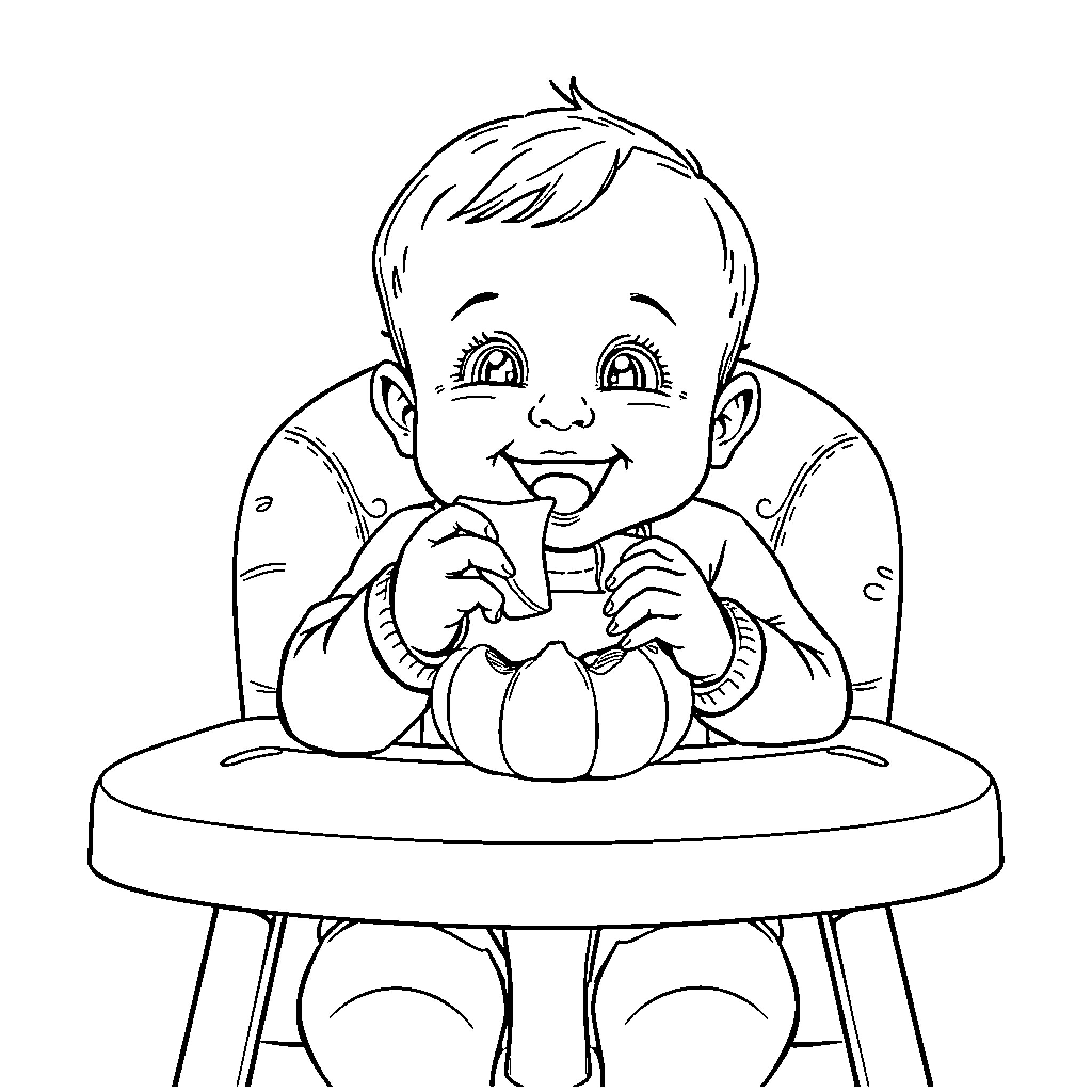Baby eating happily in high chair Coloring Page (free black-and-white line drawing printable PDF for all, from beginners to advanced learners, including children, teens, adults, and seniors)
