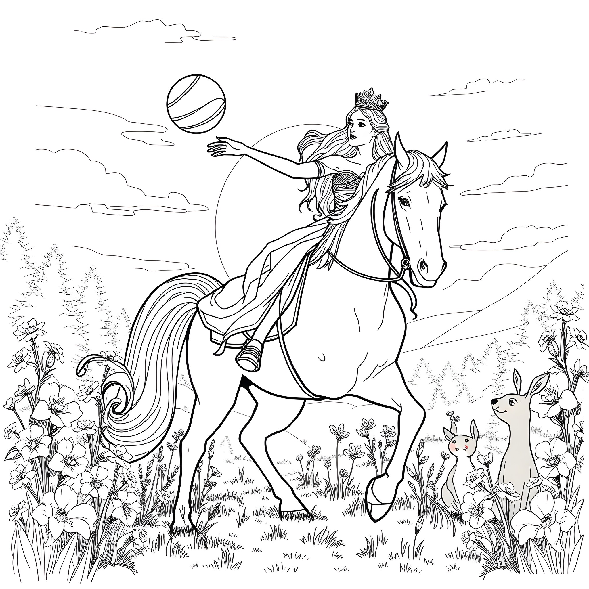 Princess Riding a Horse in a Lush Meadow Coloring Page (free black-and-white line drawing printable PDF for all, from beginners to advanced learners, including children, teens, adults, and seniors)