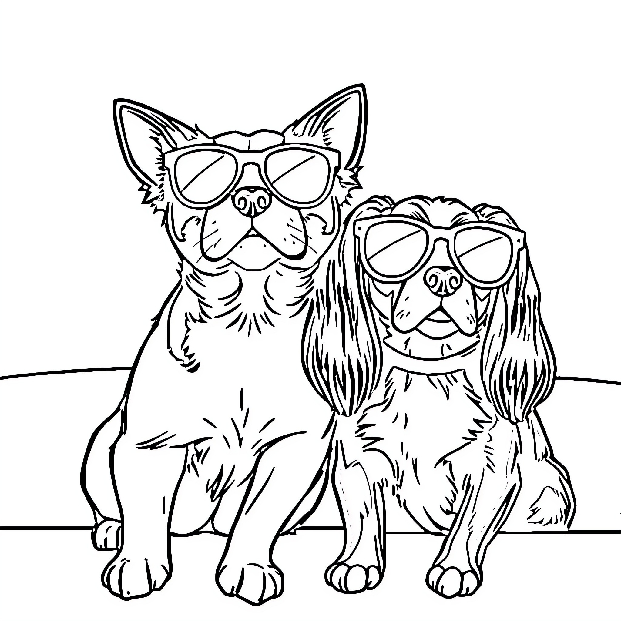 Cats wearing stylish sunglasses Coloring Page (free black-and-white line drawing printable PDF for all, from beginners to advanced learners, including children, teens, adults, and seniors)