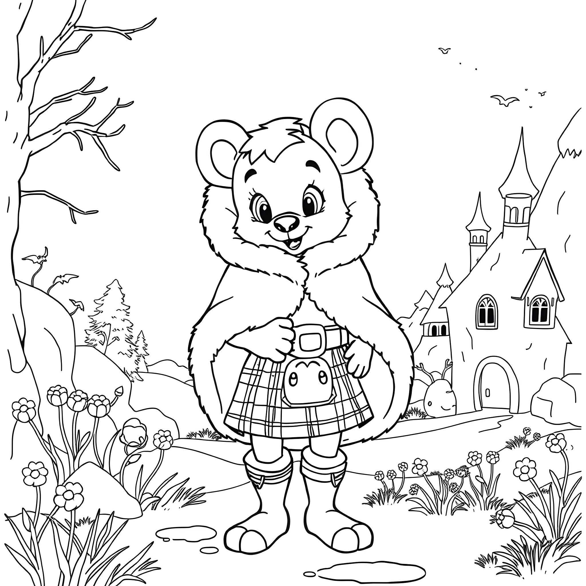 Bear cub exploring a magical castle landscape Coloring Page (free black-and-white line drawing printable PDF for all, from beginners to advanced learners, including children, teens, adults, and seniors)