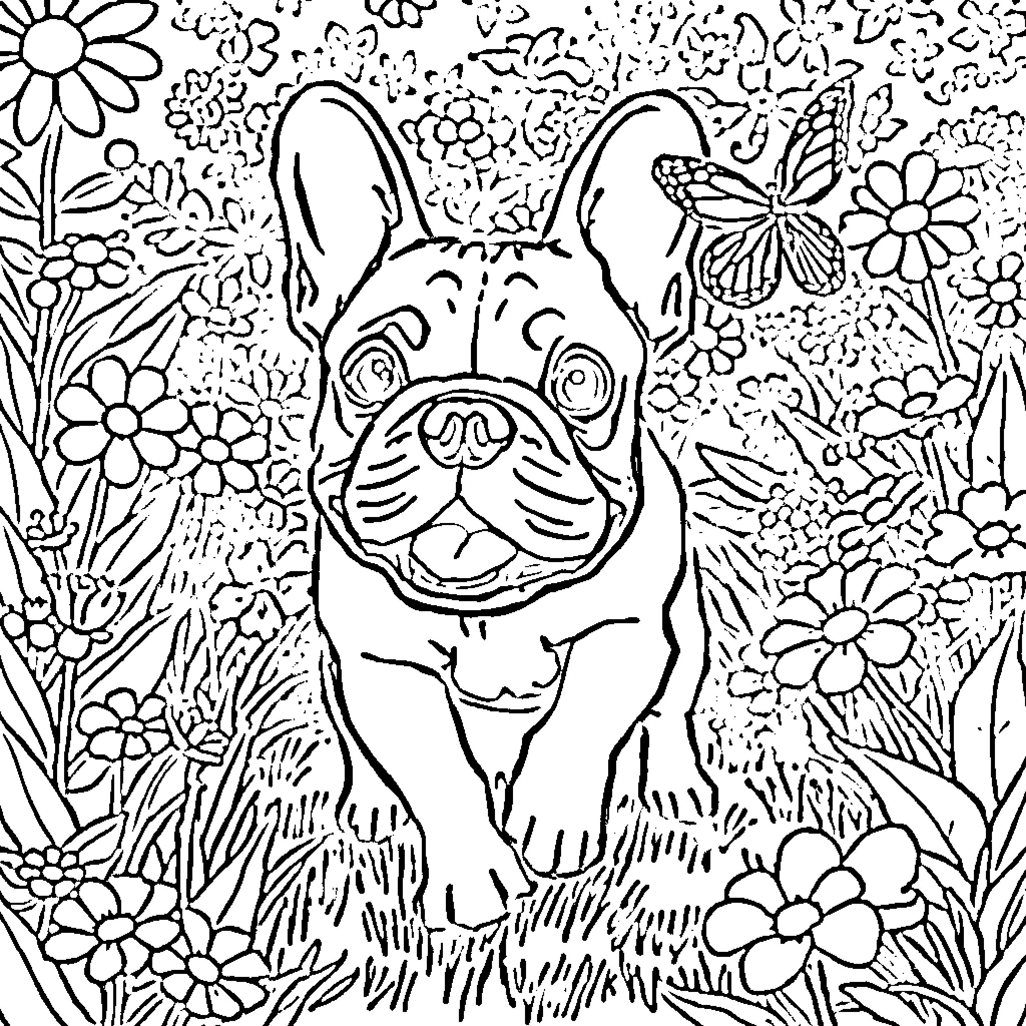 Bulldog Enjoying Flowers and Butterflies in Nature Coloring Page (free black-and-white line drawing printable PDF for all, from beginners to advanced learners, including children, teens, adults, and seniors)