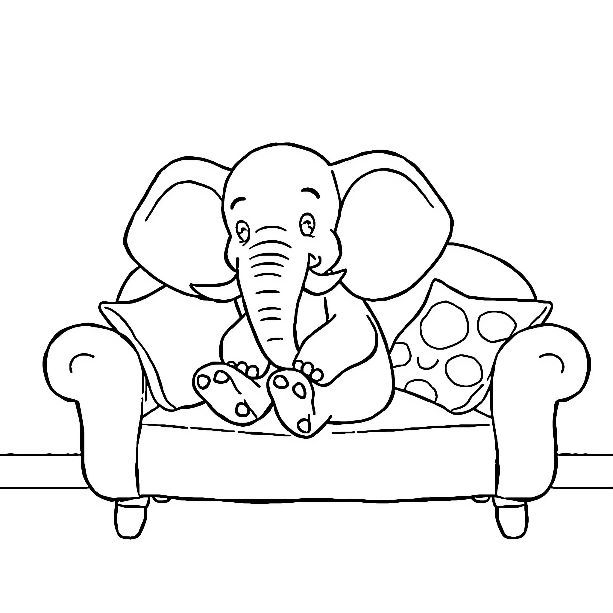 Babar the elephant relaxing on a couch Coloring Page (free black-and-white line drawing printable PDF for all, from beginners to advanced learners, including children, teens, adults, and seniors)