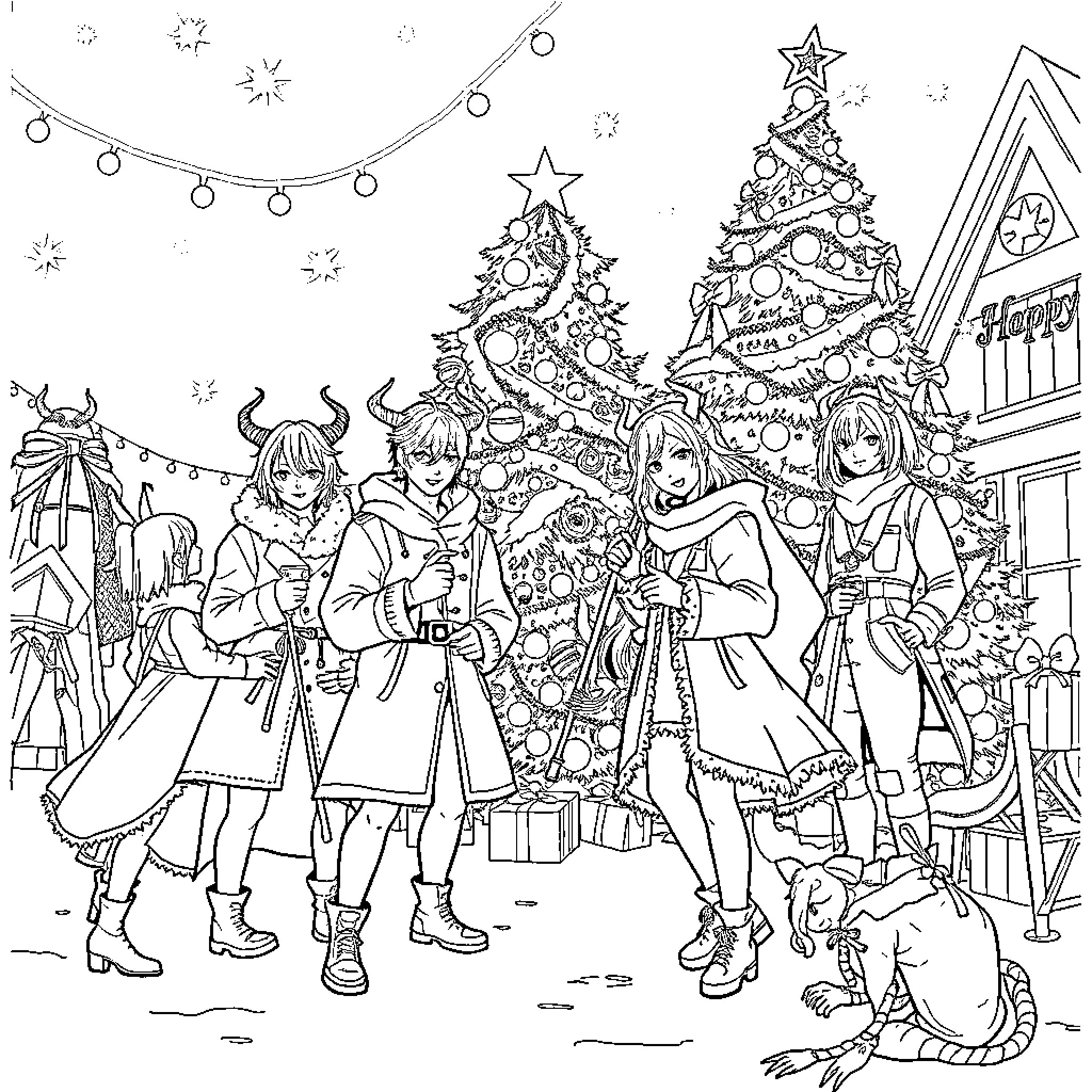 Kpop Demon Hunters Celebrate the Holiday Season Coloring Page (free black-and-white line drawing printable PDF for all, from beginners to advanced learners, including children, teens, adults, and seniors)