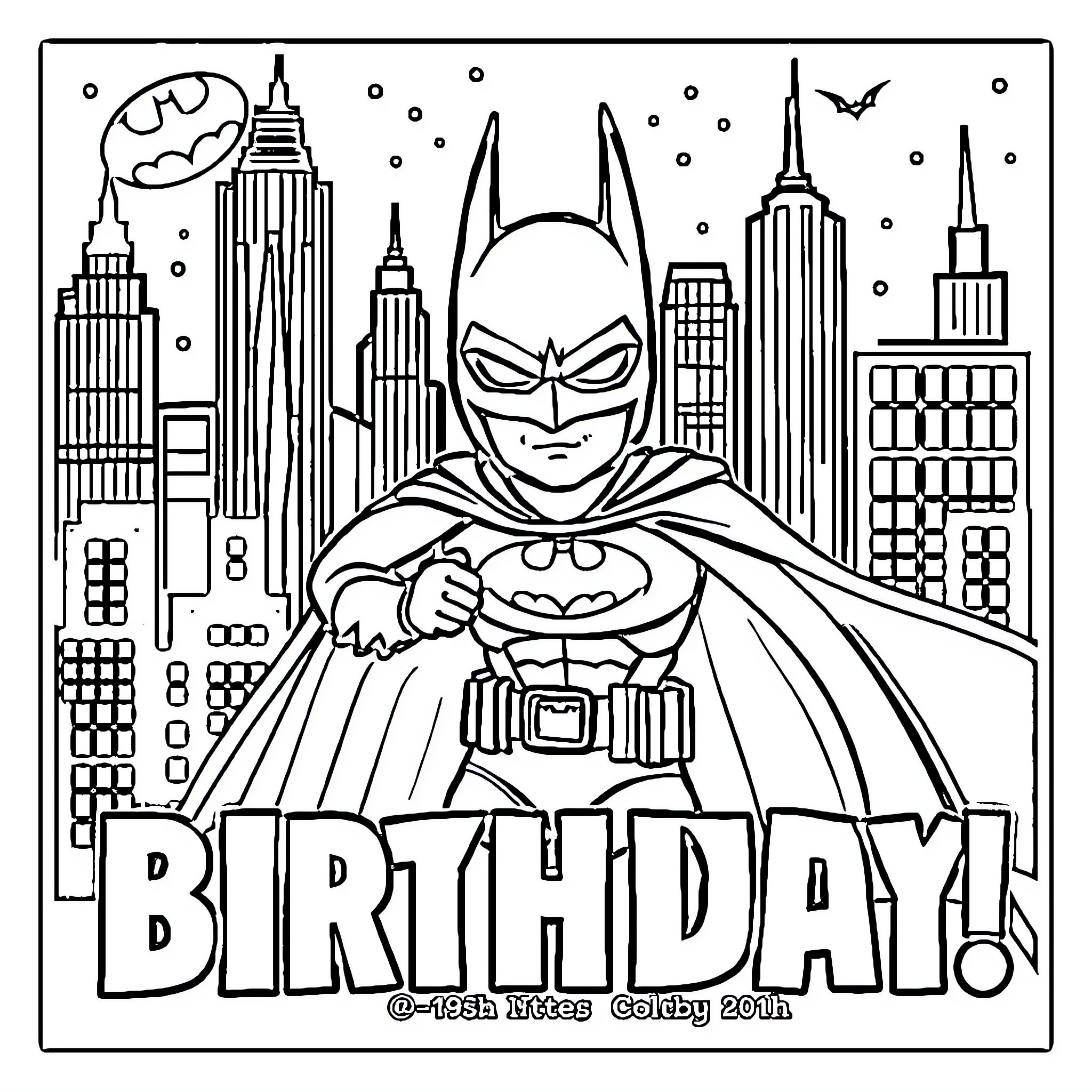 Batman Celebrating Birthday in Gotham City Coloring Page (free black-and-white line drawing printable PDF for all, from beginners to advanced learners, including children, teens, adults, and seniors)