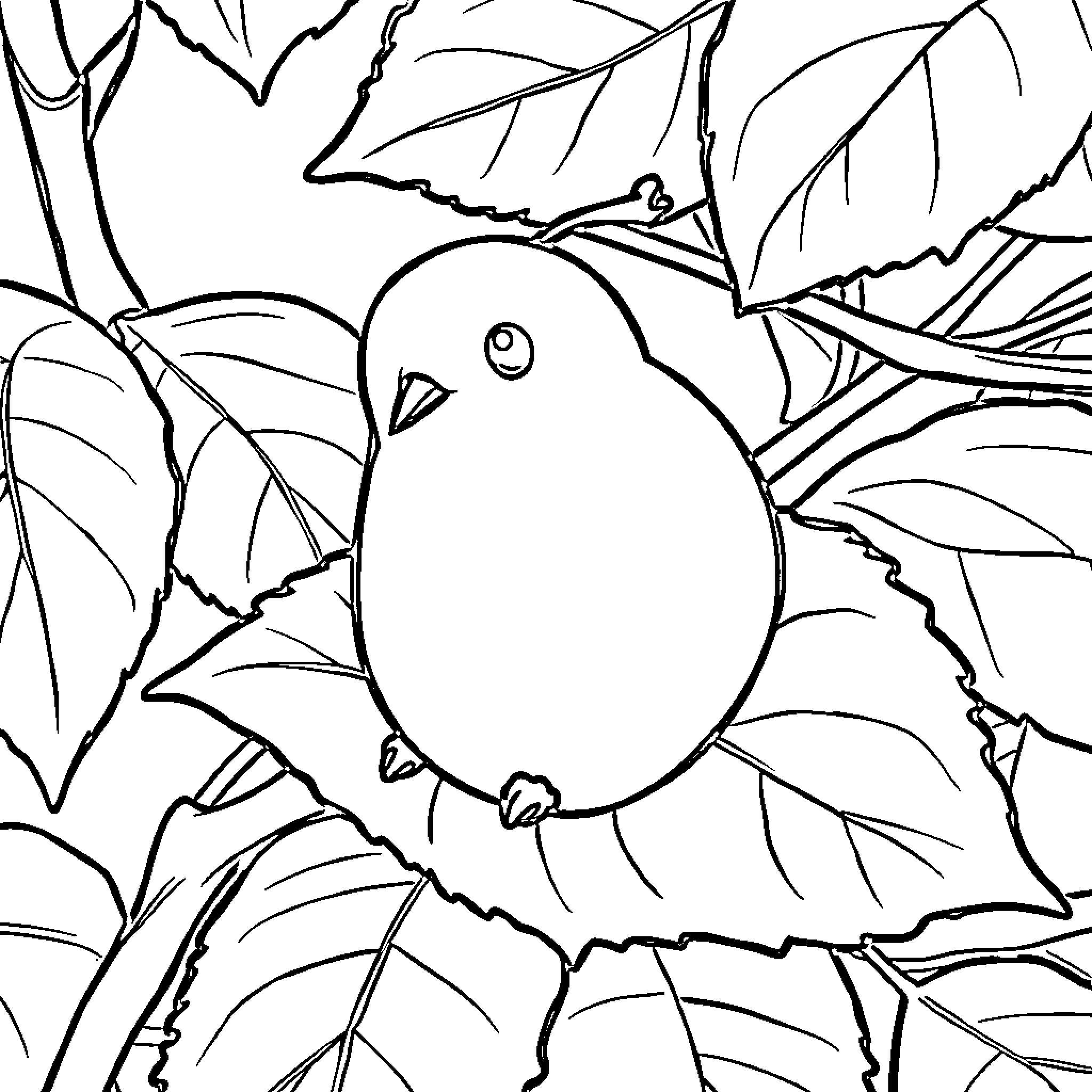 Strawberry bird hiding in the leaves Coloring Page (free black-and-white line drawing printable PDF for all, from beginners to advanced learners, including children, teens, adults, and seniors)