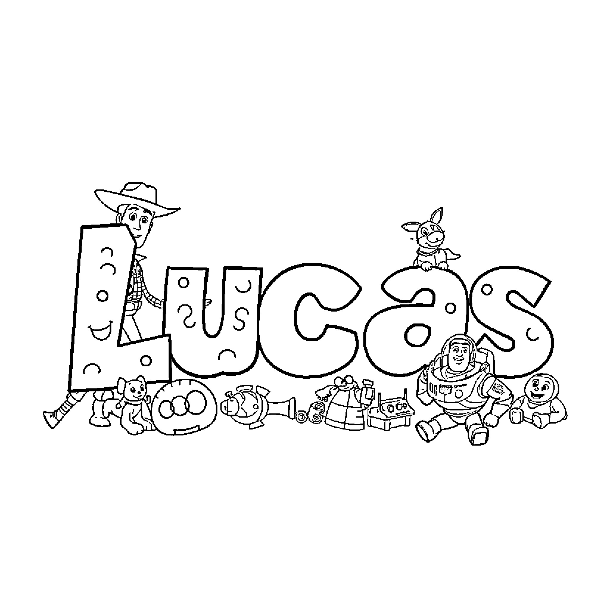 Lucas and his Toy Story friends Coloring Page (free black-and-white line drawing printable PDF for all, from beginners to advanced learners, including children, teens, adults, and seniors)