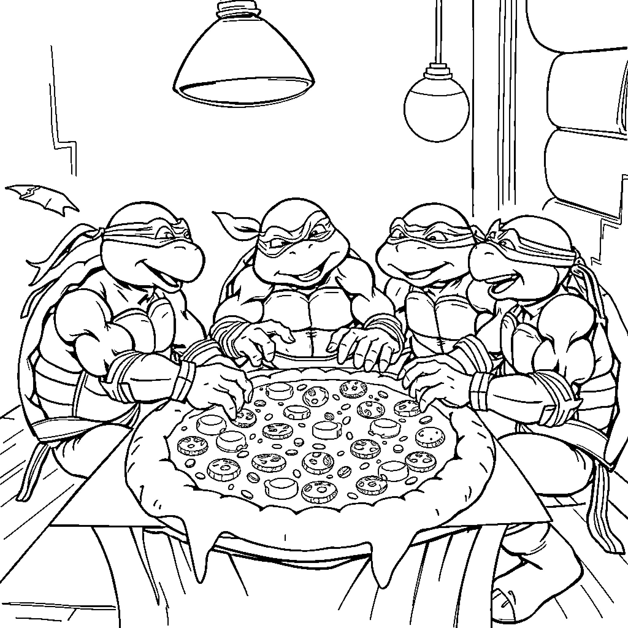 Ninja Turtles Enjoying a Hearty Meal Together Coloring Page (free black-and-white line drawing printable PDF for all, from beginners to advanced learners, including children, teens, adults, and seniors)