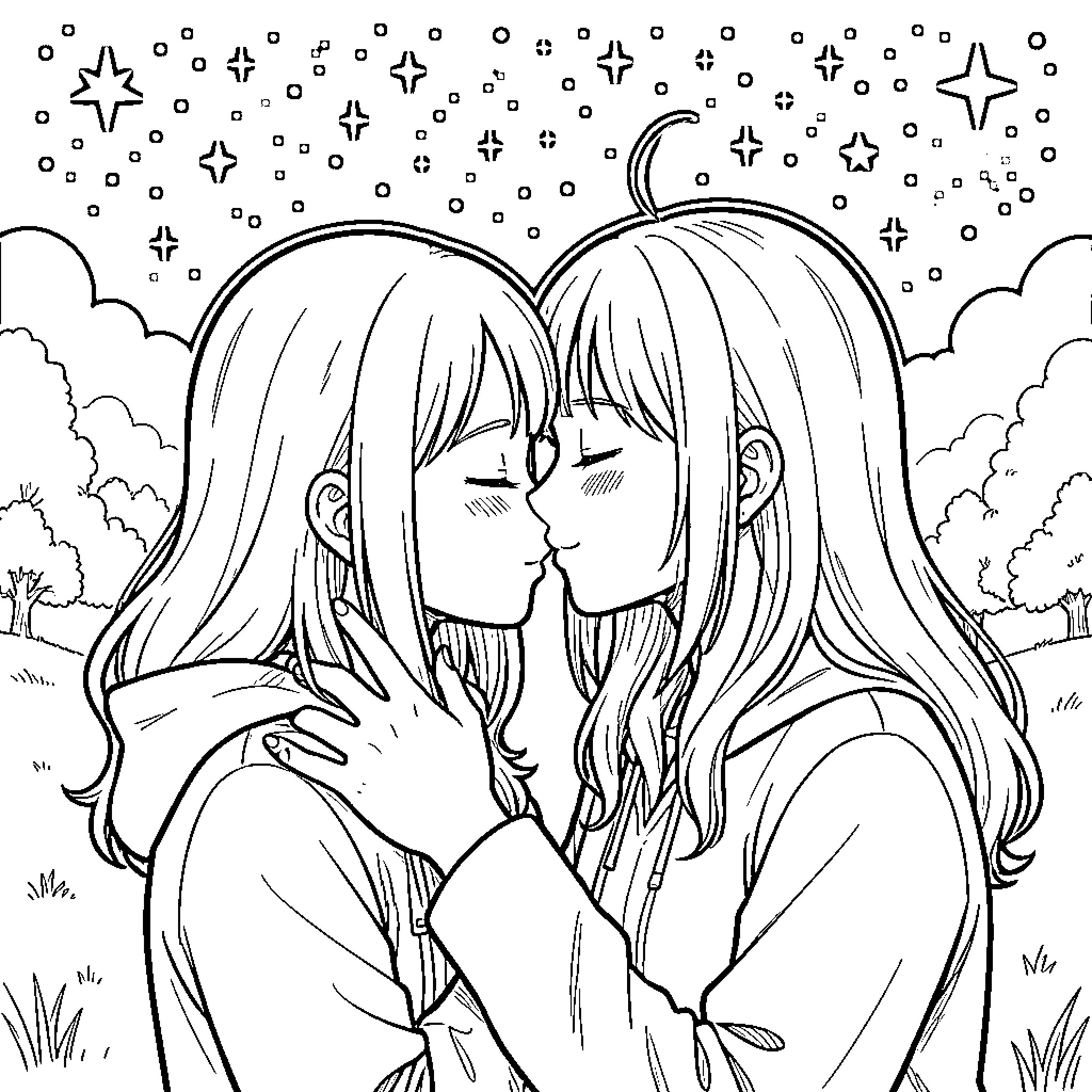 Yukie Kujo's Intimate Moment Under the Starry Sky Coloring Page (free black-and-white line drawing printable PDF for all, from beginners to advanced learners, including children, teens, adults, and seniors)