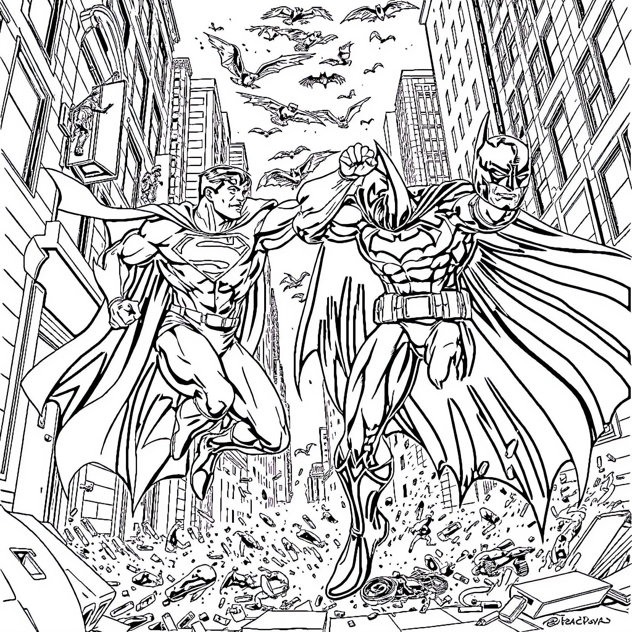 Superman and Batman saving the city from danger Coloring Page (free black-and-white line drawing printable PDF for all, from beginners to advanced learners, including children, teens, adults, and seniors)