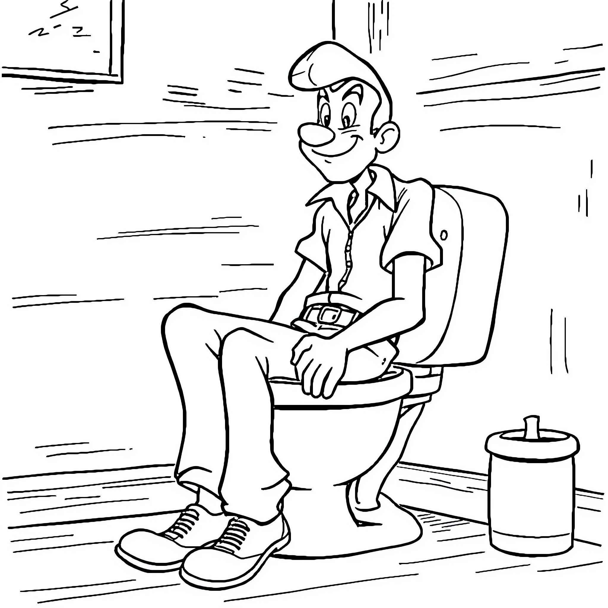 Lucky Luke's Comical Restroom Adventure Coloring Page (free black-and-white line drawing printable PDF for all, from beginners to advanced learners, including children, teens, adults, and seniors)