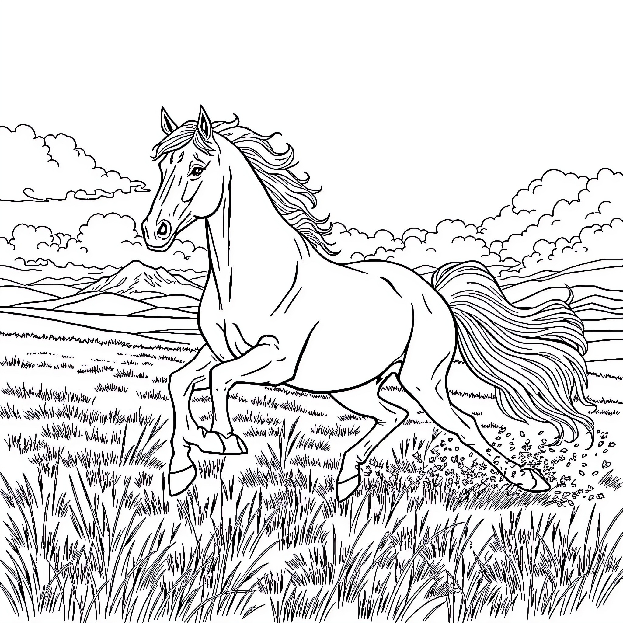 Horse galloping through a scenic landscape Coloring Page (free black-and-white line drawing printable PDF for all, from beginners to advanced learners, including children, teens, adults, and seniors)