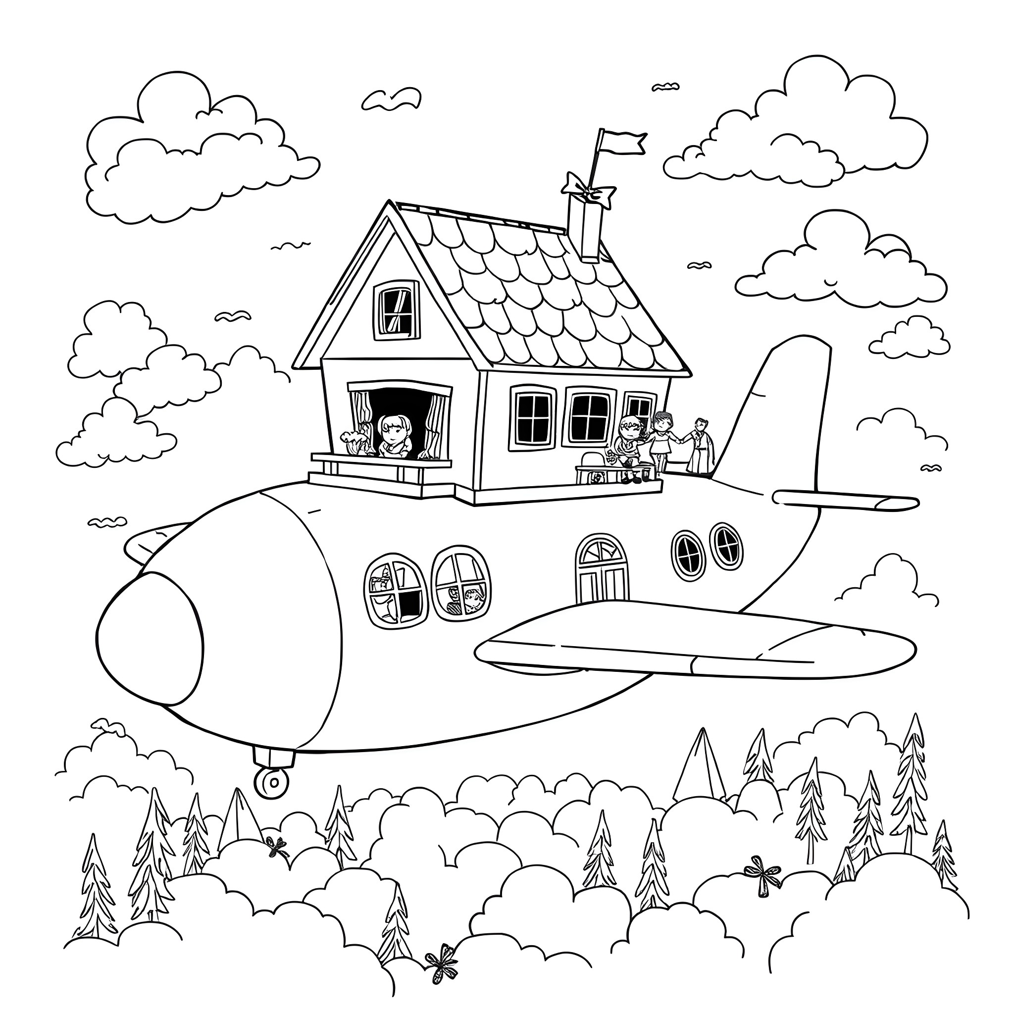 Dollhouse adventure in the sky Coloring Page (free black-and-white line drawing printable PDF for all, from beginners to advanced learners, including children, teens, adults, and seniors)