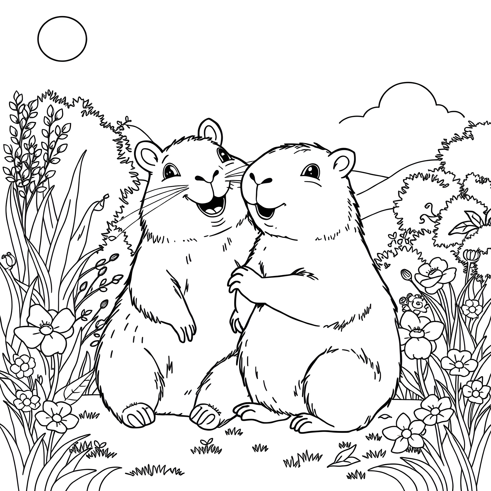 Labubu's Playful Meadow Adventure Coloring Page (free black-and-white line drawing printable PDF for all, from beginners to advanced learners, including children, teens, adults, and seniors)