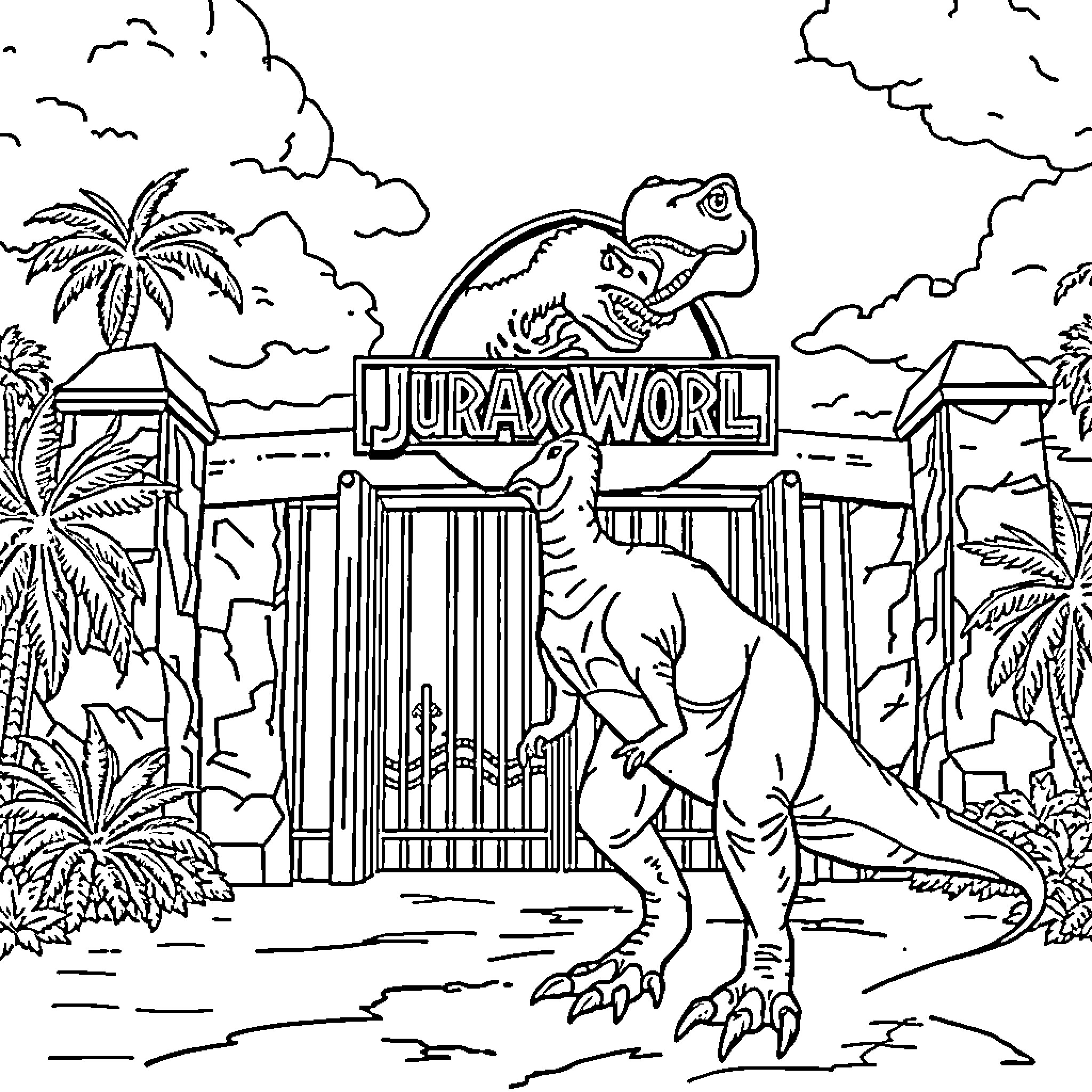 Raptor roams Jurassic World park Coloring Page (free black-and-white line drawing printable PDF for all, from beginners to advanced learners, including children, teens, adults, and seniors)