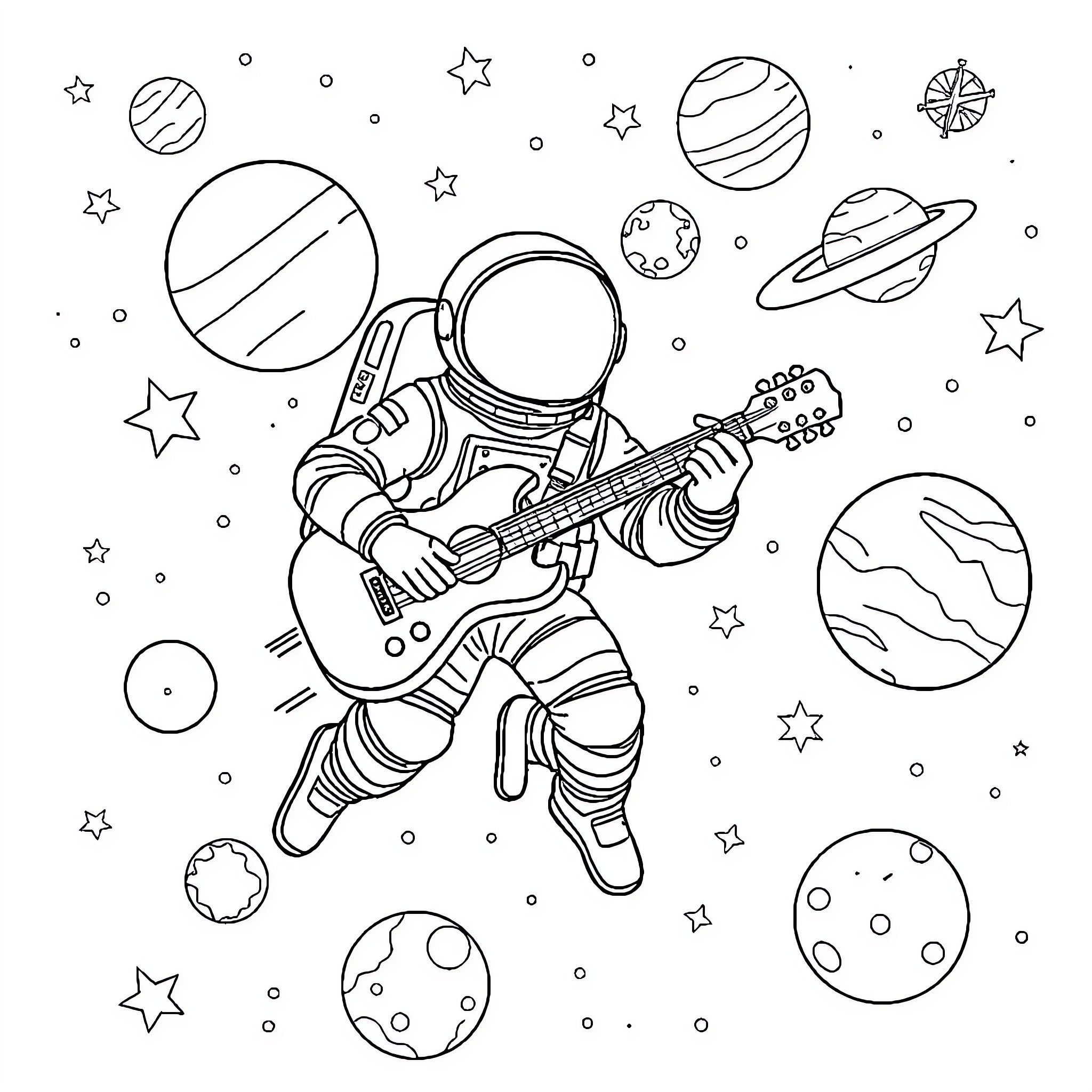 Astronaut playing guitar in space surrounded by planets Coloring Page (free black-and-white line drawing printable PDF for all, from beginners to advanced learners, including children, teens, adults, and seniors)
