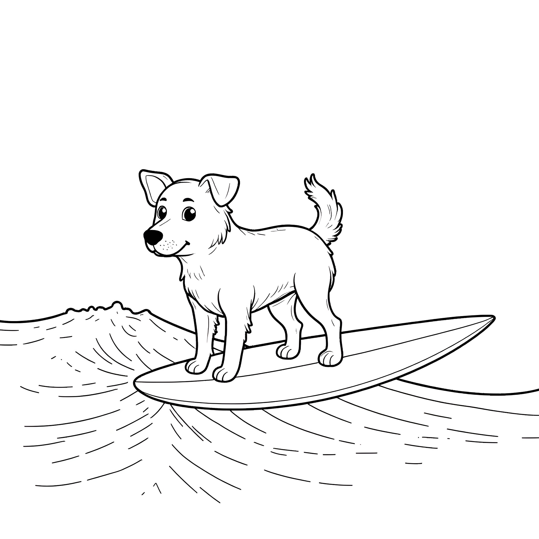 Dog surfing on a wave Coloring Page (free black-and-white line drawing printable PDF for all, from beginners to advanced learners, including children, teens, adults, and seniors)