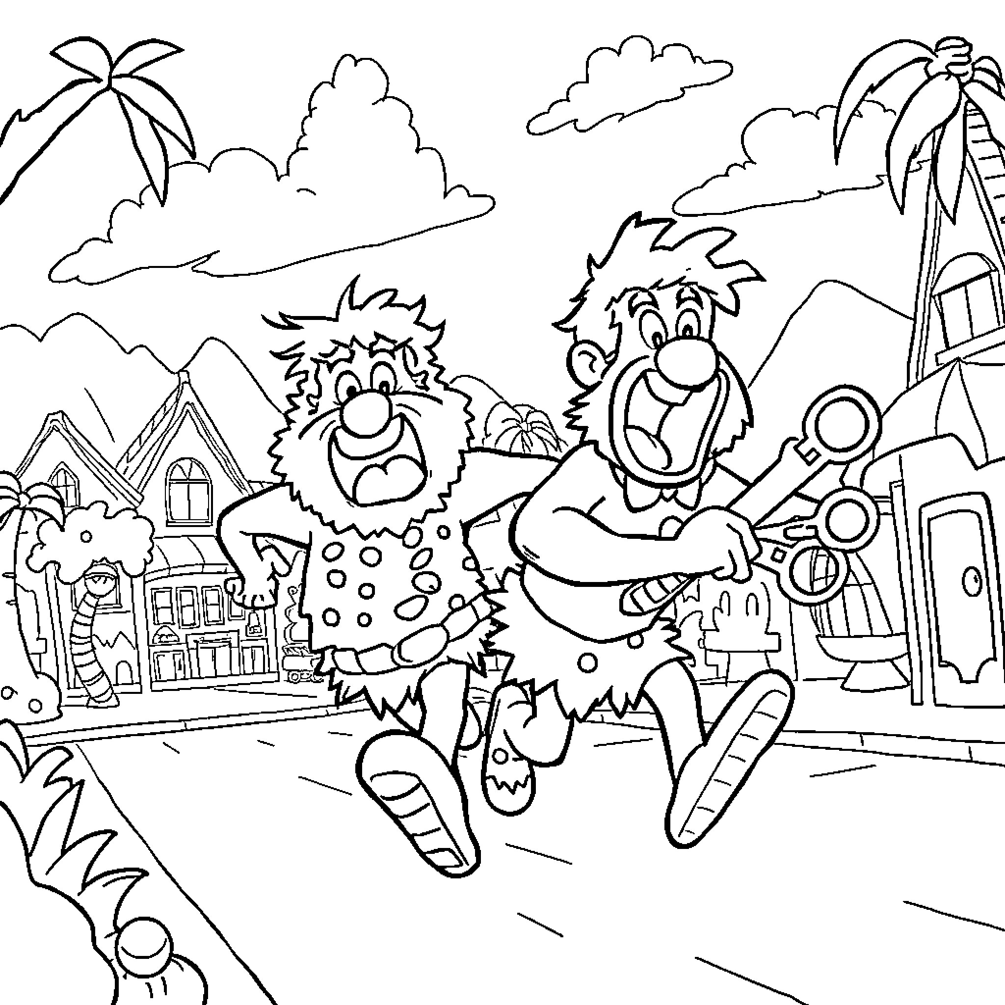 Captain Caveman explores the prehistoric town Coloring Page (free black-and-white line drawing printable PDF for all, from beginners to advanced learners, including children, teens, adults, and seniors)