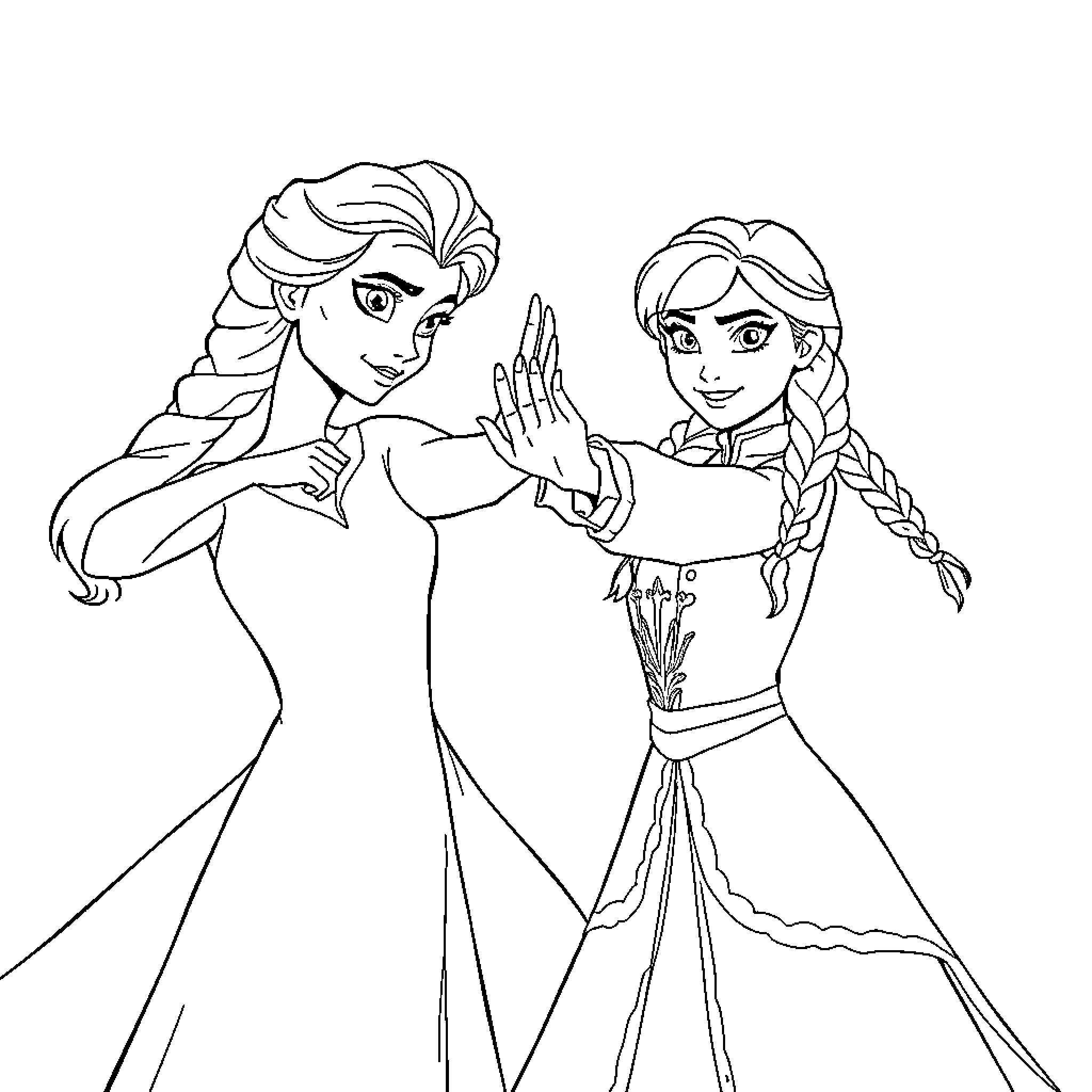 Elsa and Anna sharing a warm moment Coloring Page (free black-and-white line drawing printable PDF for all, from beginners to advanced learners, including children, teens, adults, and seniors)