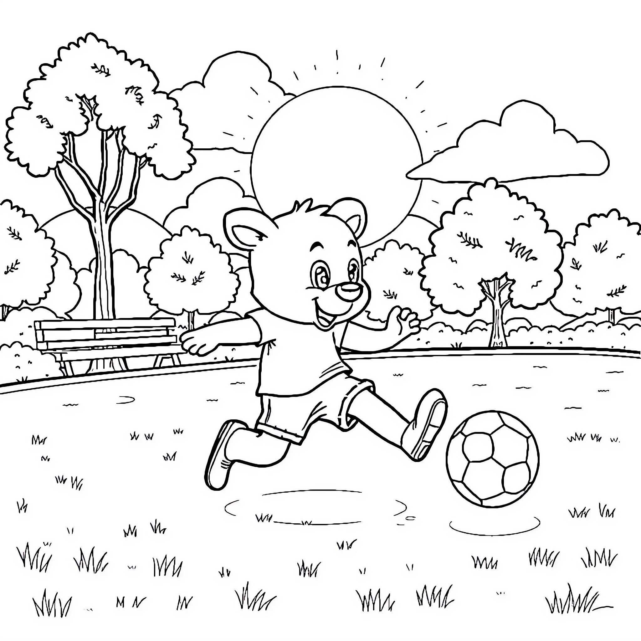 Bluey playing happily with soccer ball in the park Coloring Page (free black-and-white line drawing printable PDF for all, from beginners to advanced learners, including children, teens, adults, and seniors)