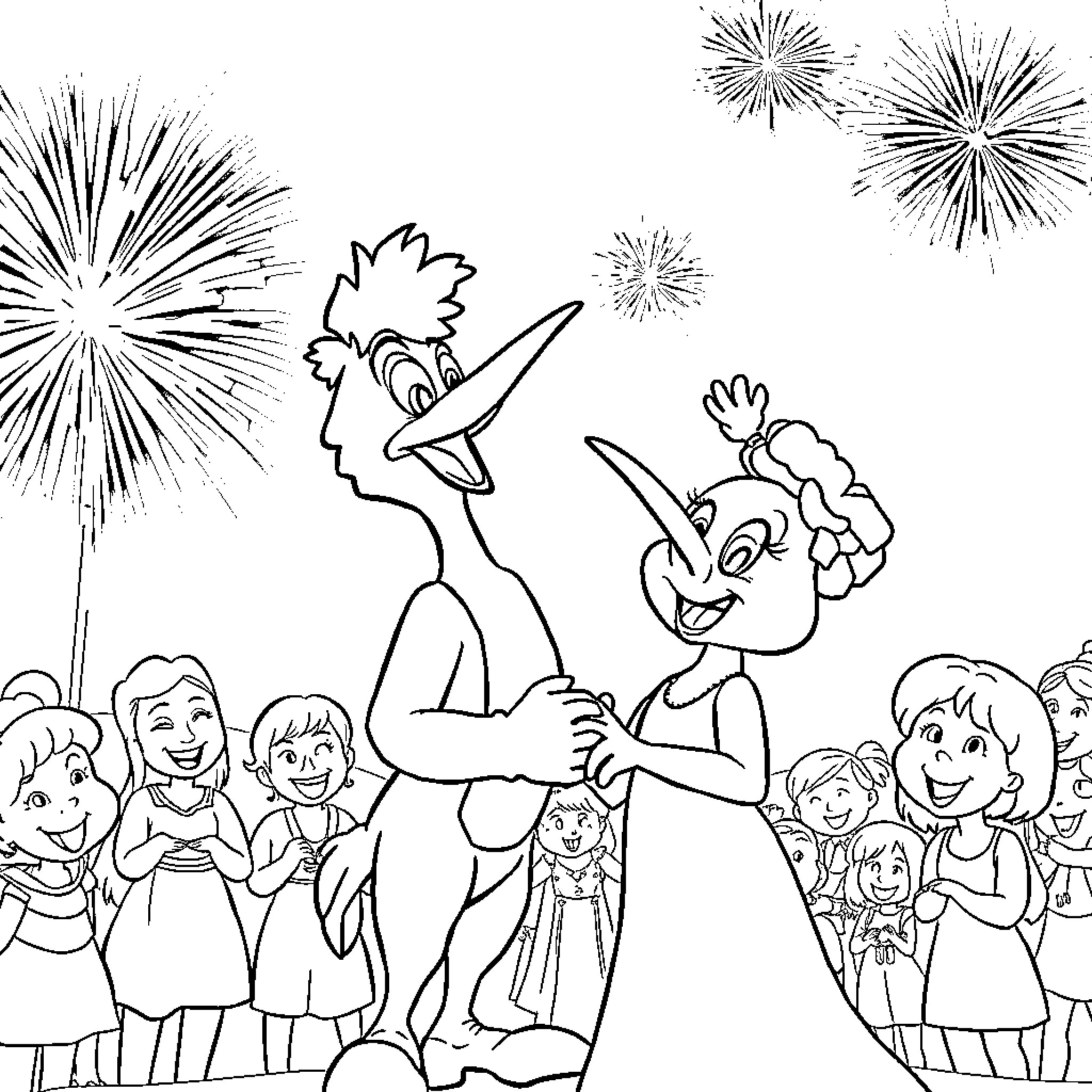 Woodpecker celebrating with a joyful crowd Coloring Page (free black-and-white line drawing printable PDF for all, from beginners to advanced learners, including children, teens, adults, and seniors)