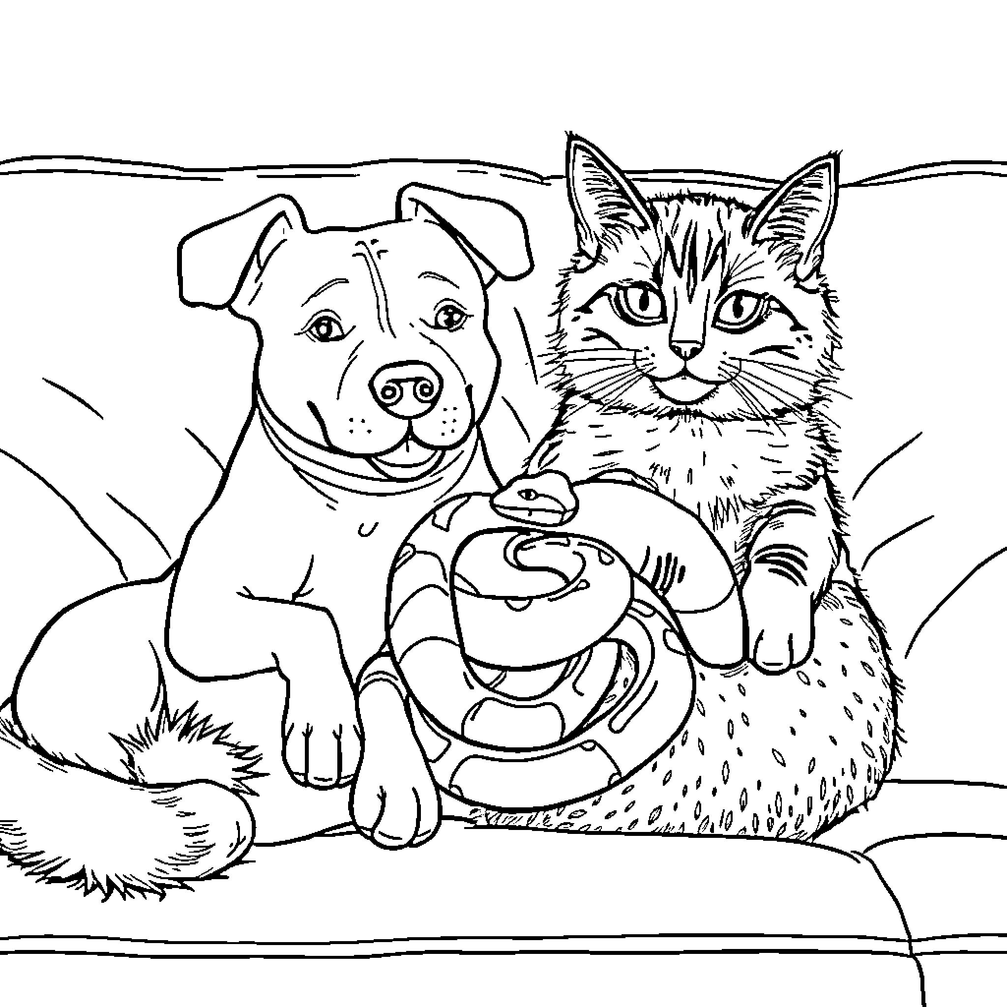 Dog and Cat Playing with Toys Together Coloring Page (free black-and-white line drawing printable PDF for all, from beginners to advanced learners, including children, teens, adults, and seniors)