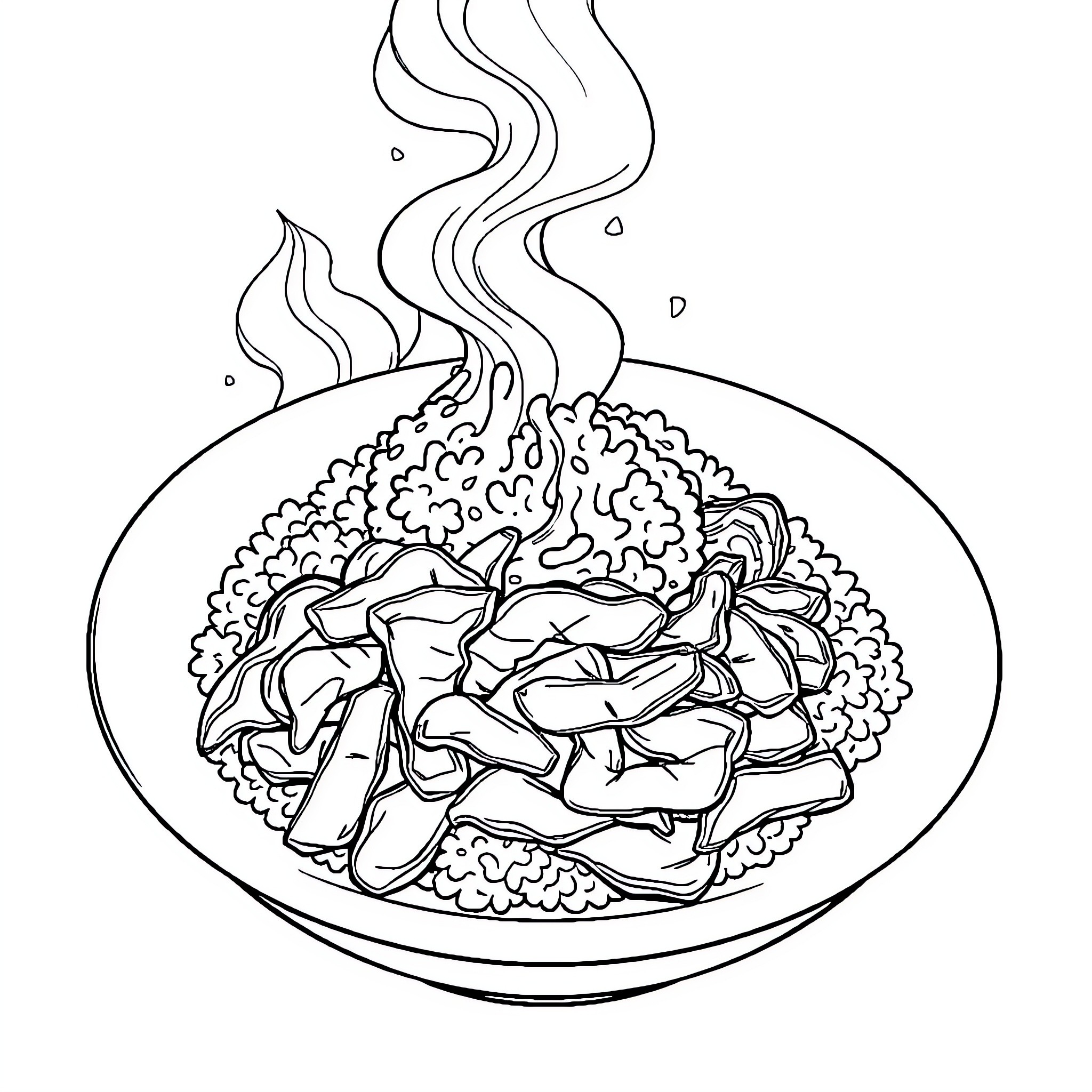 Korean Dish with Steaming Noodles and Vegetables Coloring Page (free black-and-white line drawing printable PDF for all, from beginners to advanced learners, including children, teens, adults, and seniors)