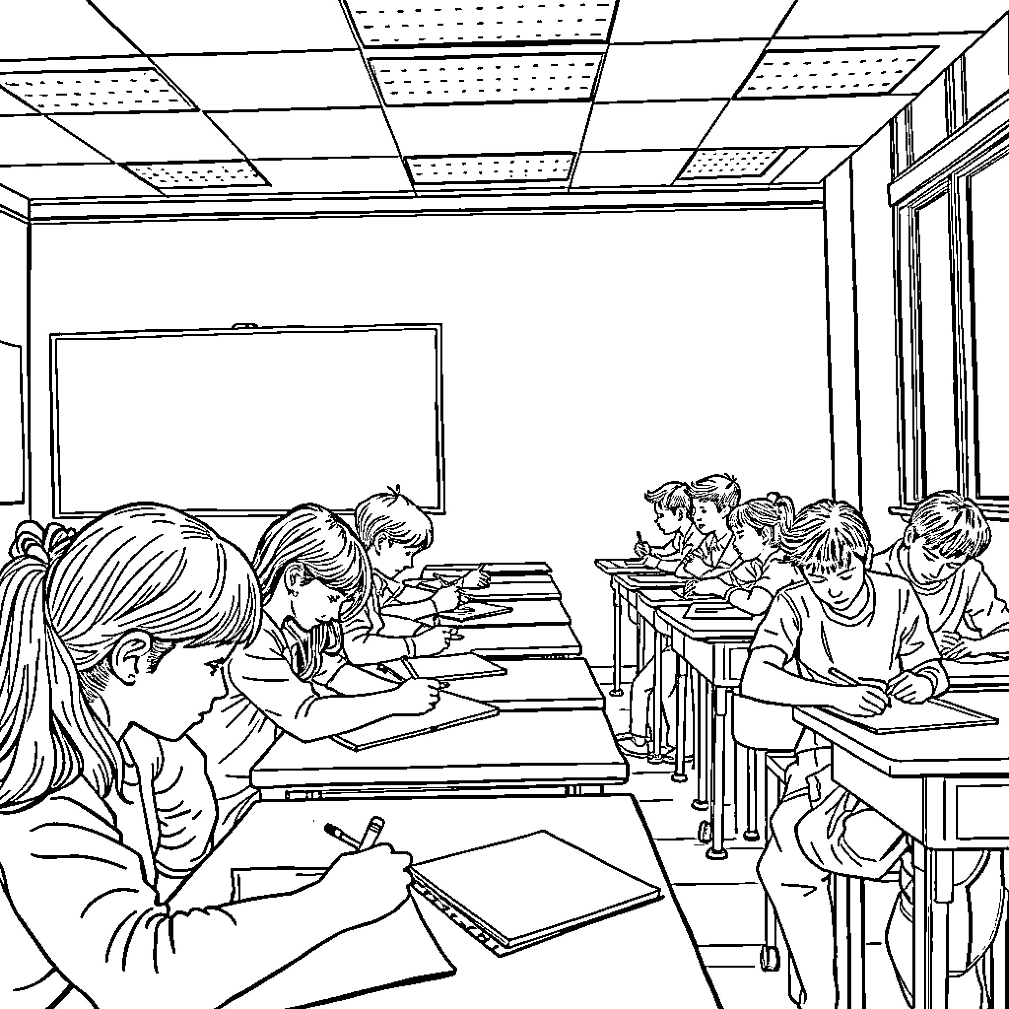 Students studying diligently in the classroom Coloring Page (free black-and-white line drawing printable PDF for all, from beginners to advanced learners, including children, teens, adults, and seniors)