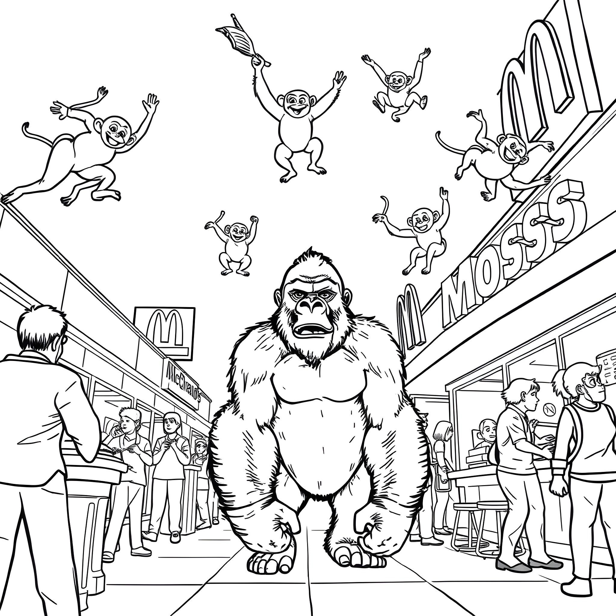 Gorilla and playful monkeys in the city Coloring Page (free black-and-white line drawing printable PDF for all, from beginners to advanced learners, including children, teens, adults, and seniors)
