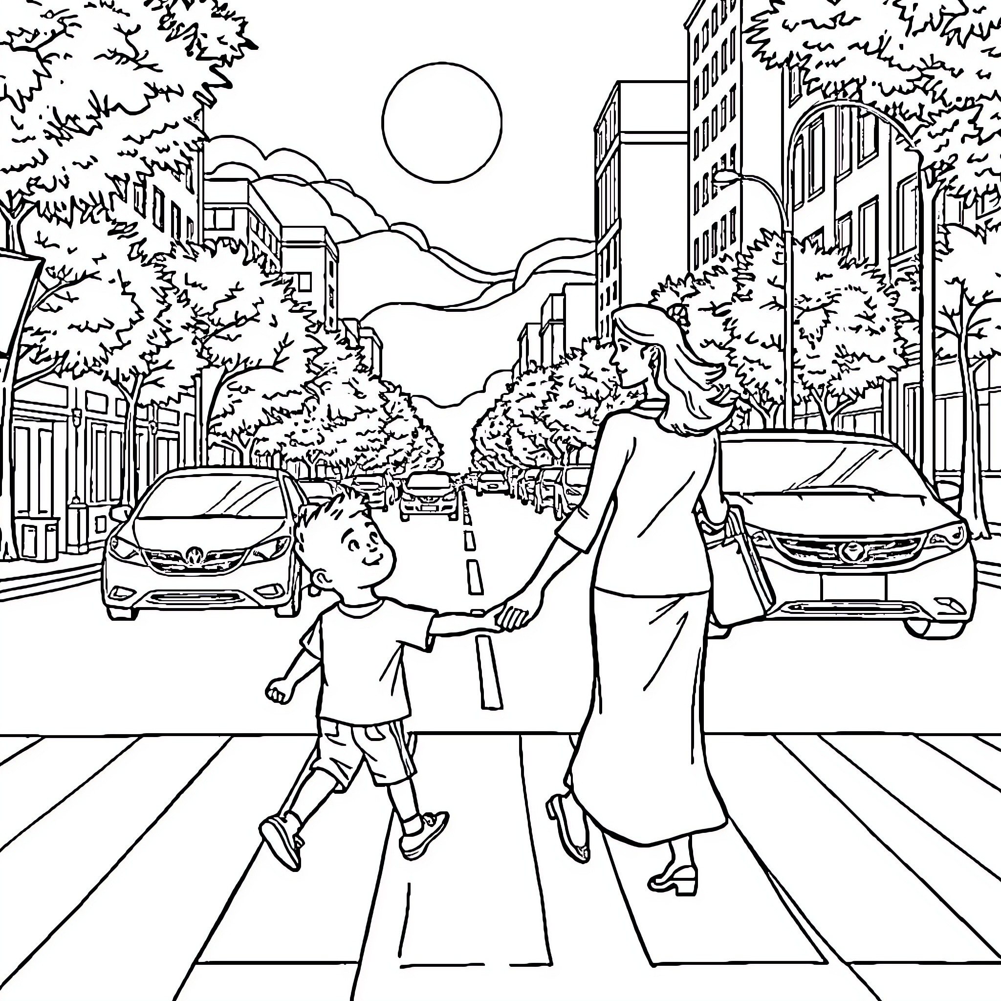 Boy walks with adult through city street Coloring Page (free black-and-white line drawing printable PDF for all, from beginners to advanced learners, including children, teens, adults, and seniors)