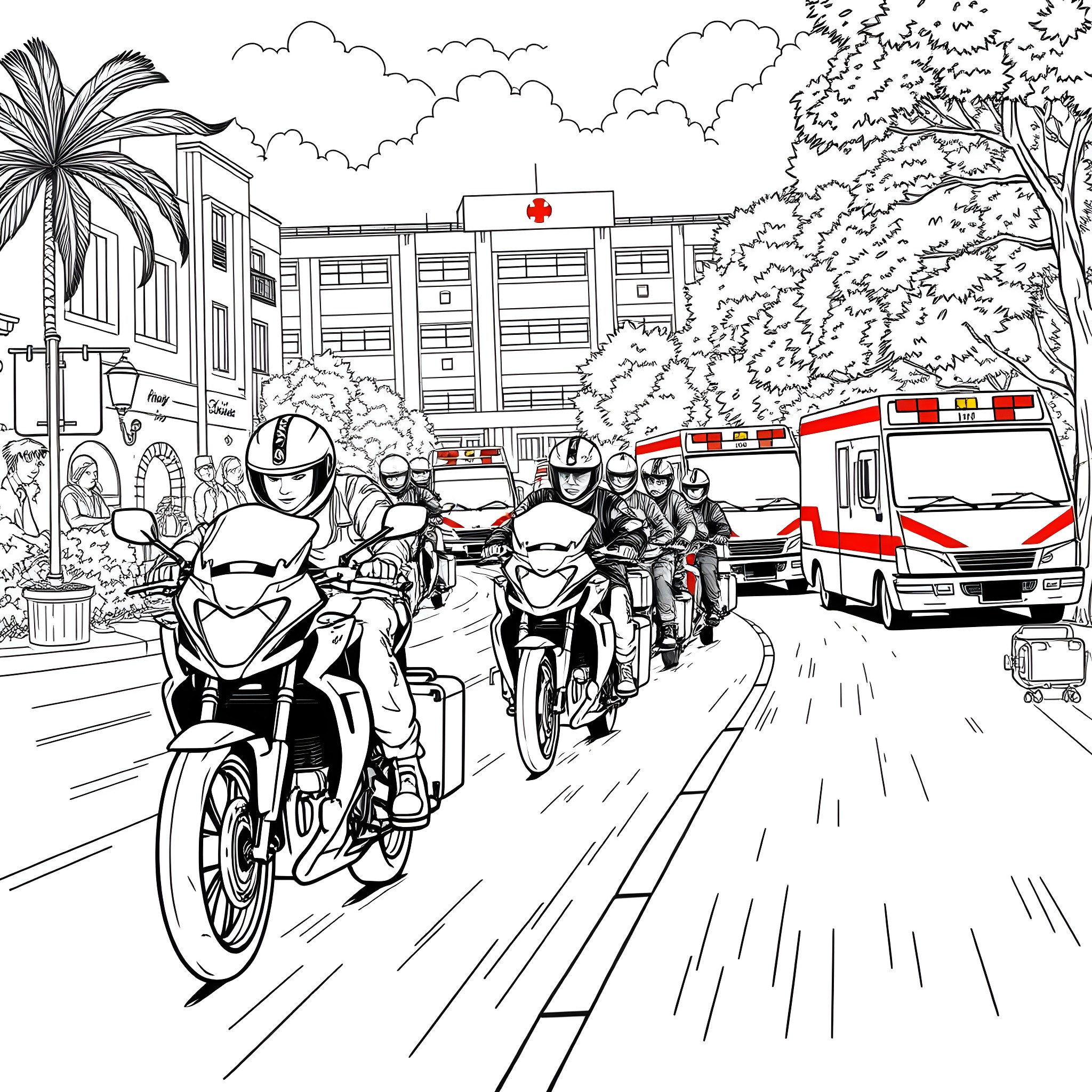 Motorcycle Riders Speeding on a Busy City Street Coloring Page (free black-and-white line drawing printable PDF for all, from beginners to advanced learners, including children, teens, adults, and seniors)