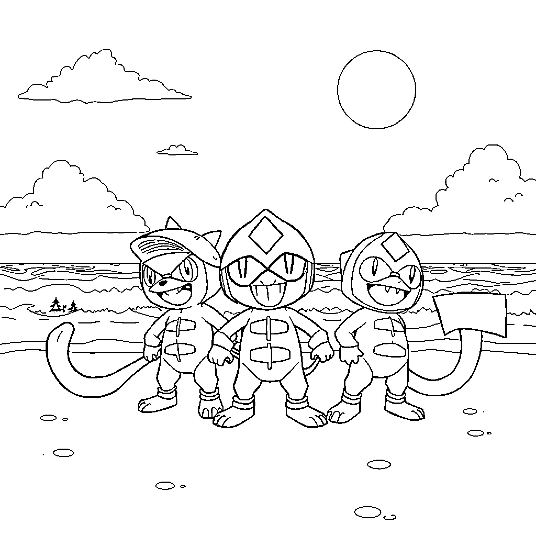 Team Rocket Members Plotting Adventure on Beach Coloring Page (free black-and-white line drawing printable PDF for all, from beginners to advanced learners, including children, teens, adults, and seniors)