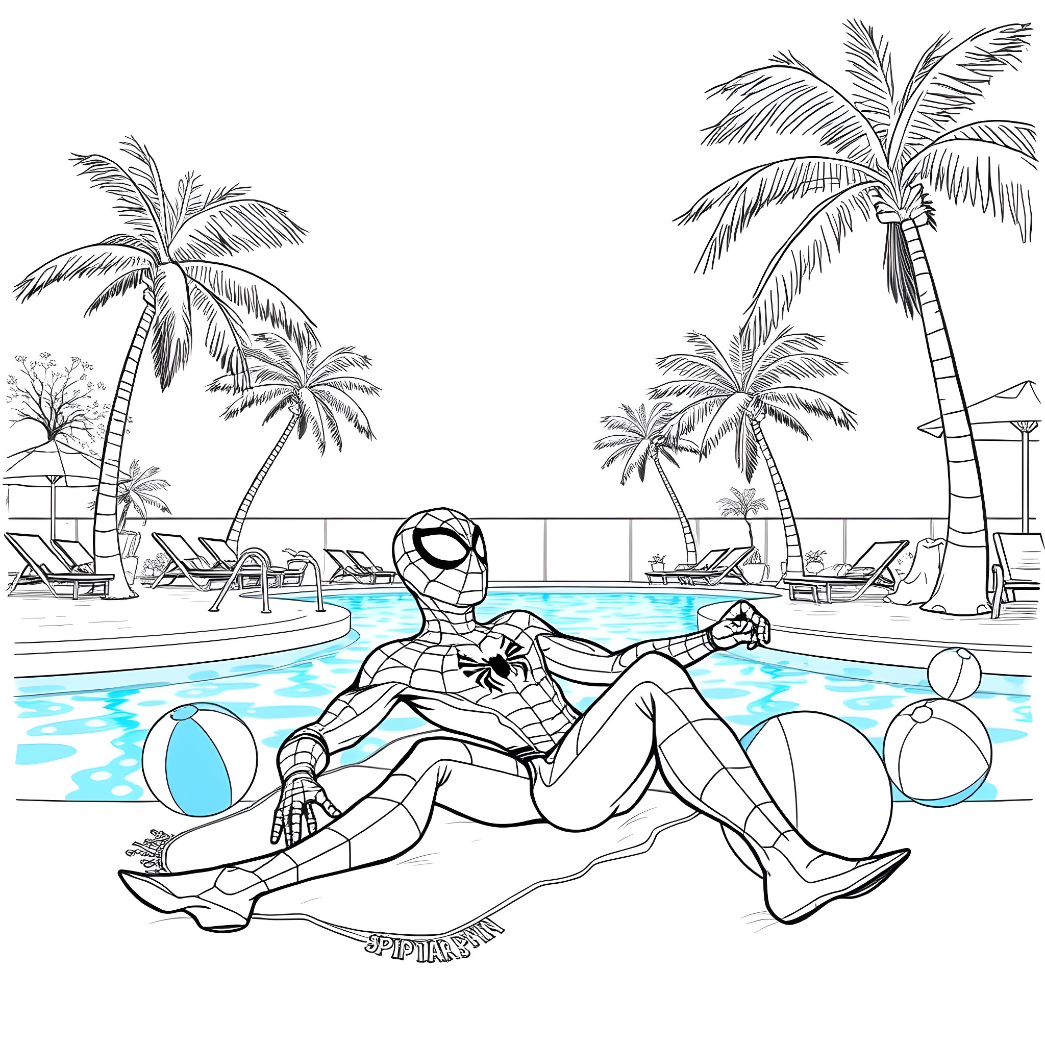 Spidey relaxing at the beach with palm trees Coloring Page (free black-and-white line drawing printable PDF for all, from beginners to advanced learners, including children, teens, adults, and seniors)