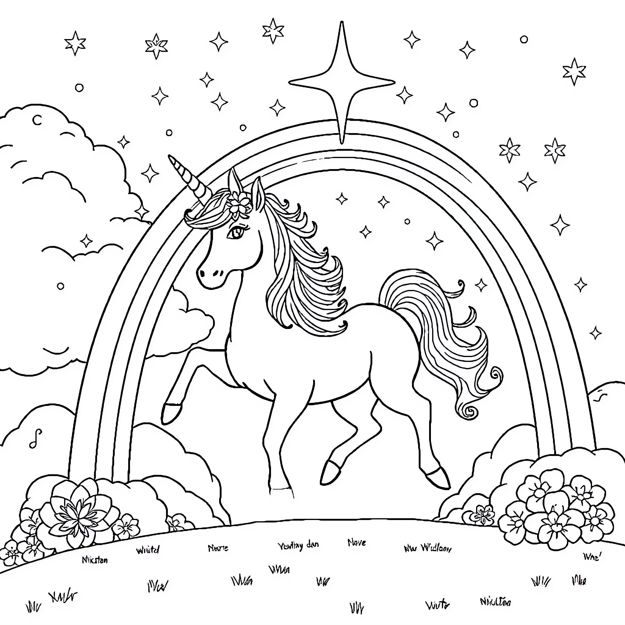 Unicorn galloping under a magical rainbow Coloring Page (free black-and-white line drawing printable PDF for all, from beginners to advanced learners, including children, teens, adults, and seniors)