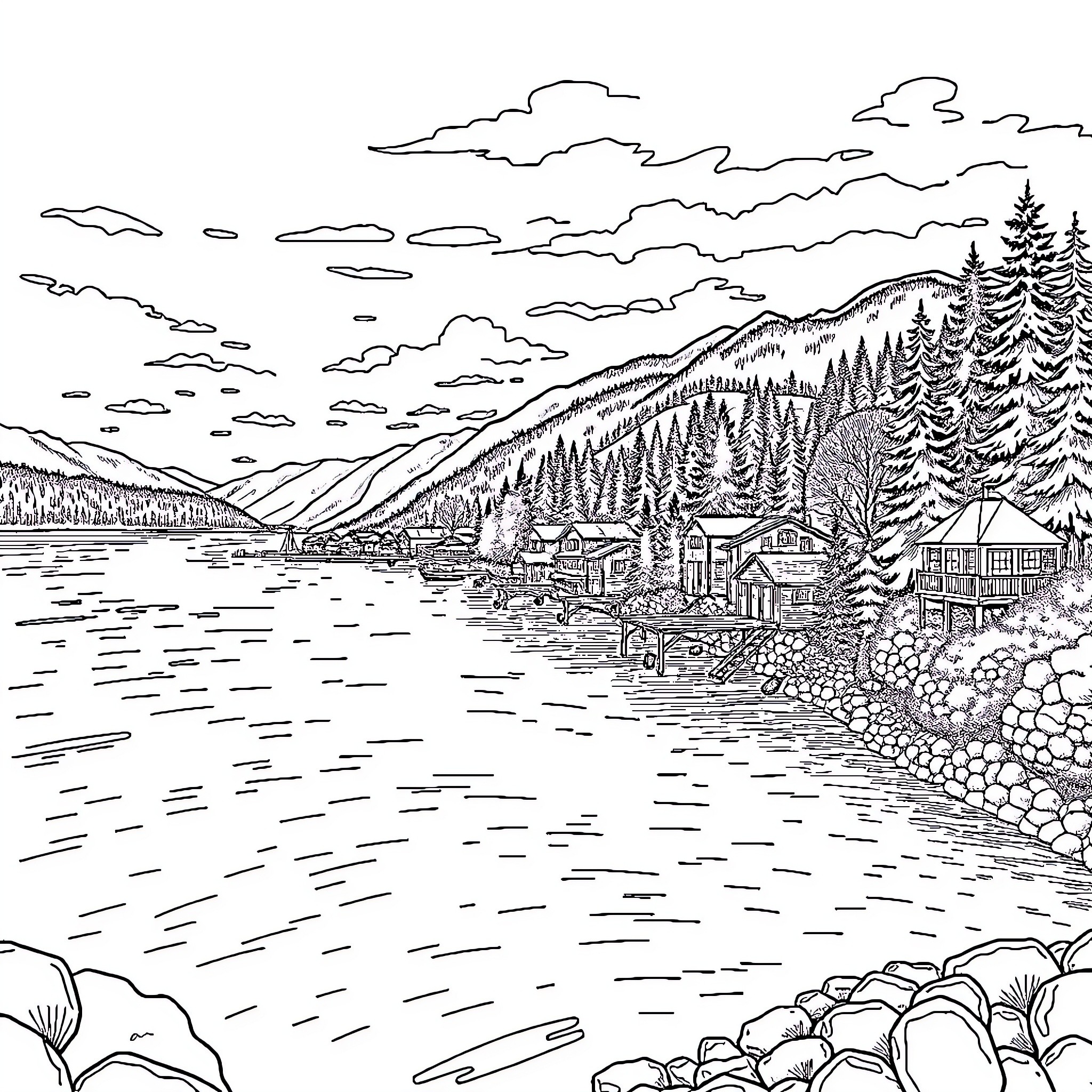 Powell River scenic landscape with lakeside homes and mountains Coloring Page (free black-and-white line drawing printable PDF for all, from beginners to advanced learners, including children, teens, adults, and seniors)
